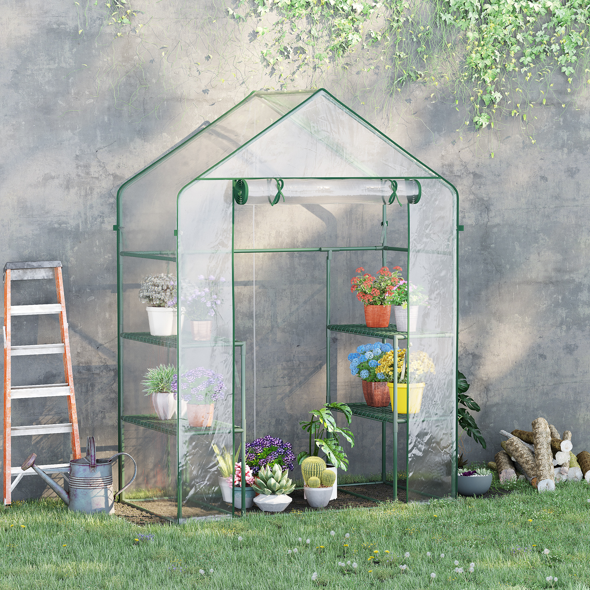 Foliengewächshaus begehbares Gartenhäuschen Tomatengewächshaus Treibhaus Frühbeet mit 6 Regalen Transparent Stahl PVC-Kunststoff 142 x 73 x 195 cm