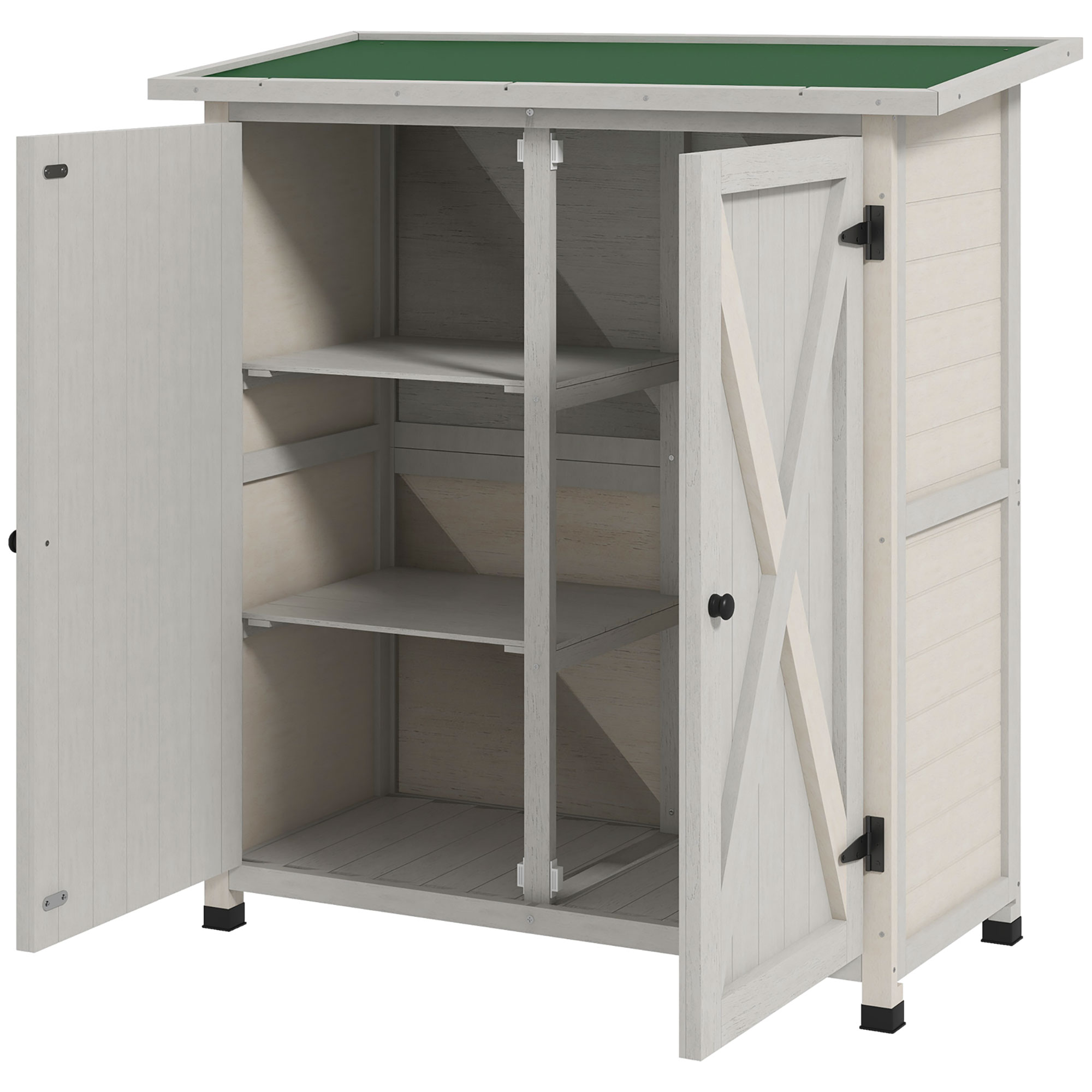 Geräteschrank aus Holz mit 2 Türen, Geräteschuppen mit Asphaltdach, 110 x 55 x 117 cm, Hellgrau Geräteschrank aus Holz mit 2 Türen, Geräteschuppen mit Asphaltdach, 110 x 55 x 117 cm, Hellgrau