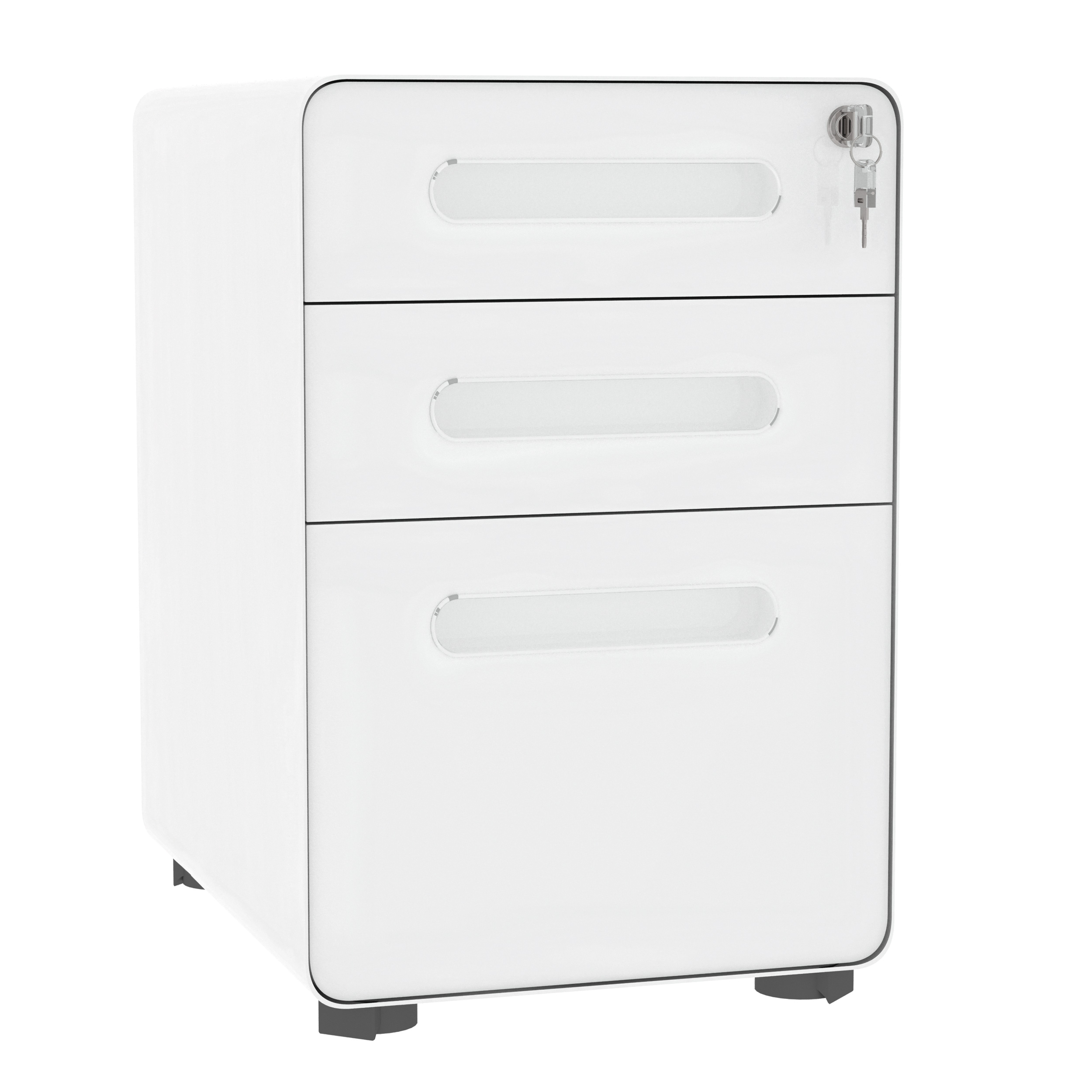 Rollcontainer mit 3 Schubladen mobiler Aktenschrank mit Rollen abschließbar Büroschrank mit Hängeregistratur Stiftfach, Bürocontainer Schreibtisch Unterschrank für Büro 39x48x59cm Weiß