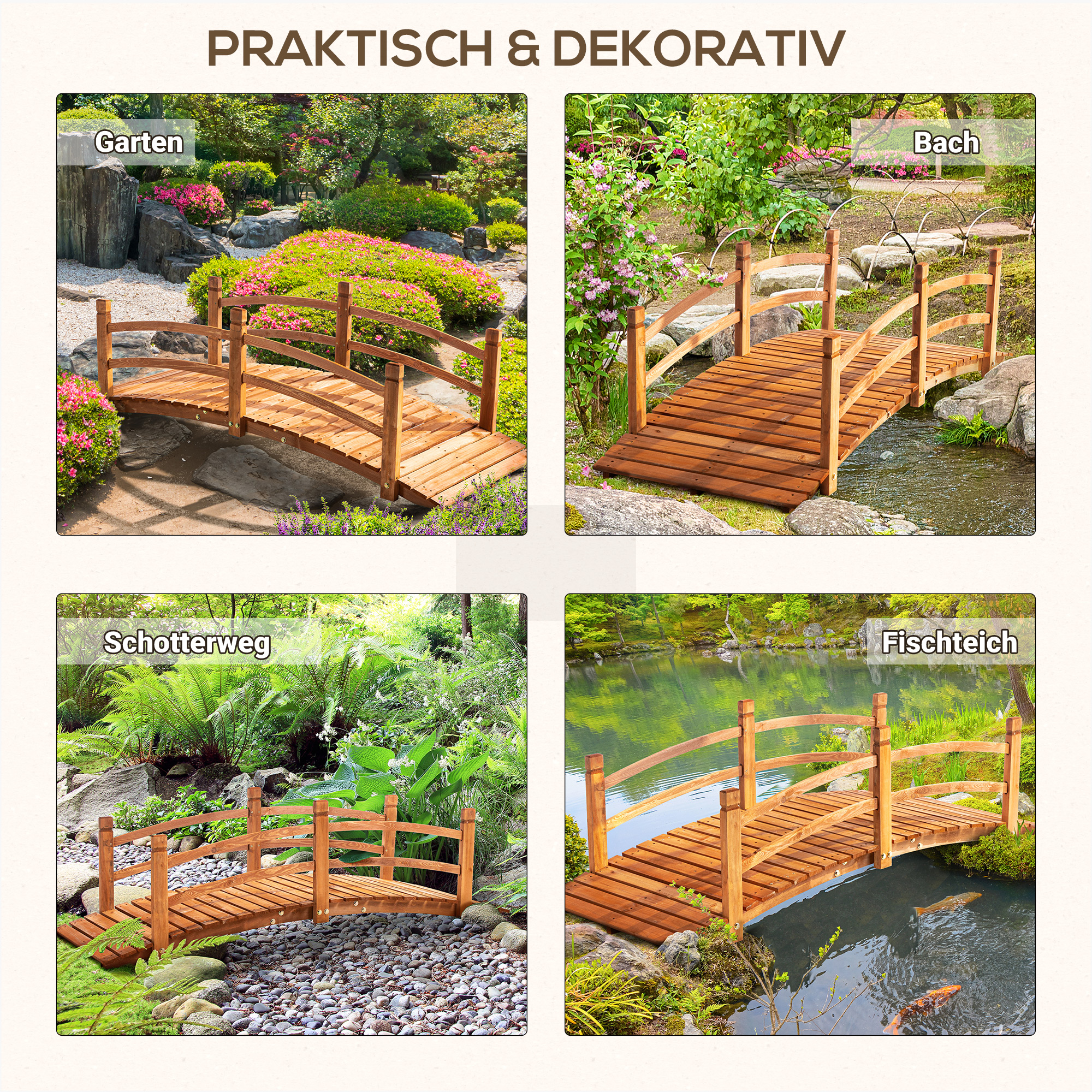 Gartenbrücke 1,85 m Holzbrücke begehbar Holzsteg Teichbrücke Zierbrücke mit Geländer bis 200 kg Massivholz Orange