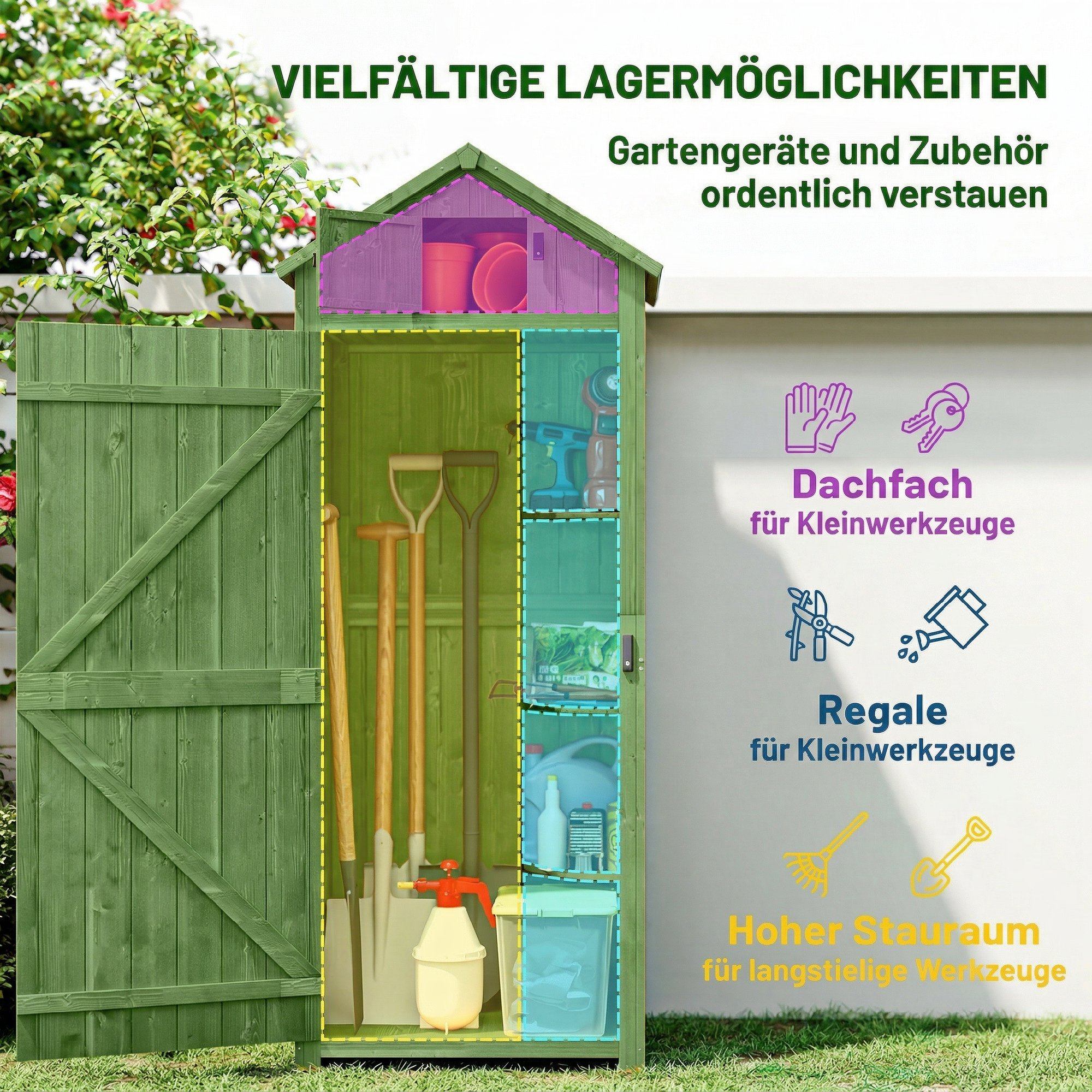 Gartenschrank Holz Geräteschuppen mit 3 abnehmbar Ablage abschließbar Tür Asphalt-Satteldach Belüftung