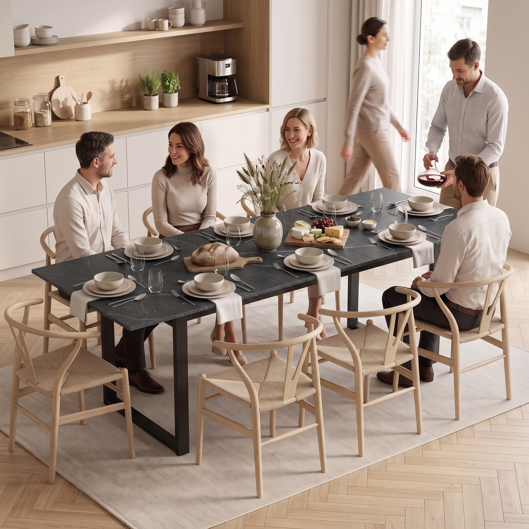 ausziehbarer Esstisch 140-180 cm für 6-8 Personen, rechteckig im Industrial-Design mit Stahlgestell, Schwarz