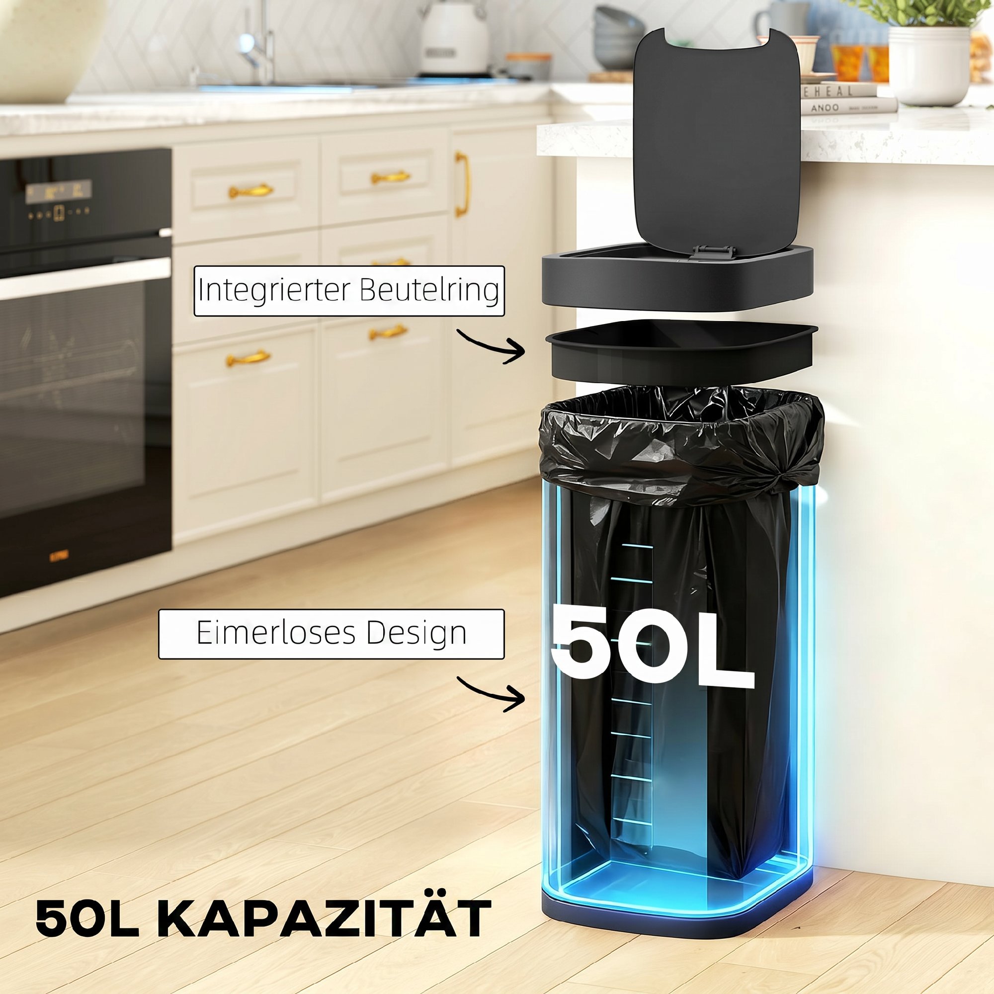 50L Sensor-Mülleimer, berührungslos Küchenmülleimer mit Bewegungssensor, fingerabdruckresistent