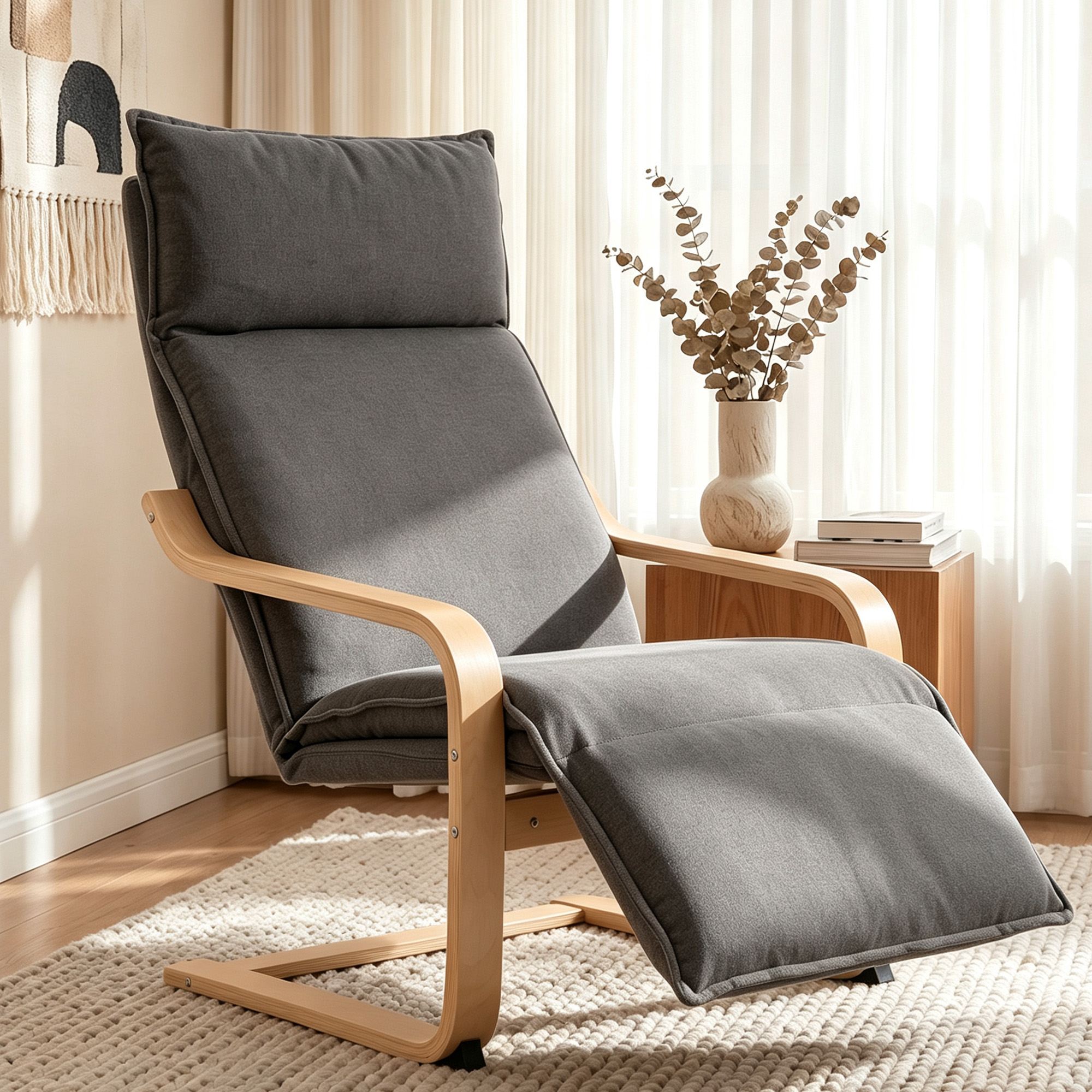 Loungesessel Wohnzimmer Sessel mit Fußstütze, Leinenoptik Moderner Schwingsessel mit Schaukelfunktion Dunkelgrau