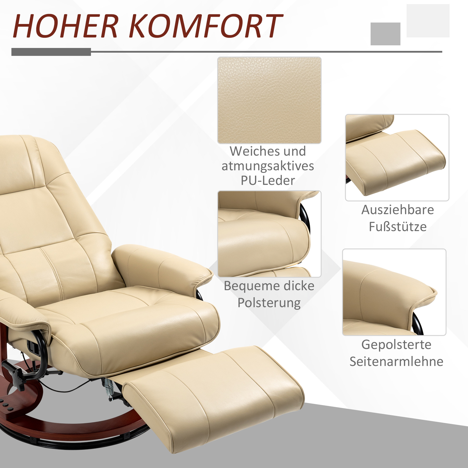 Relaxsessel, verstellbar, Liegefunktion, bis 120 kg, Kunstleder, 78 x 87 x 100 cm, Creme