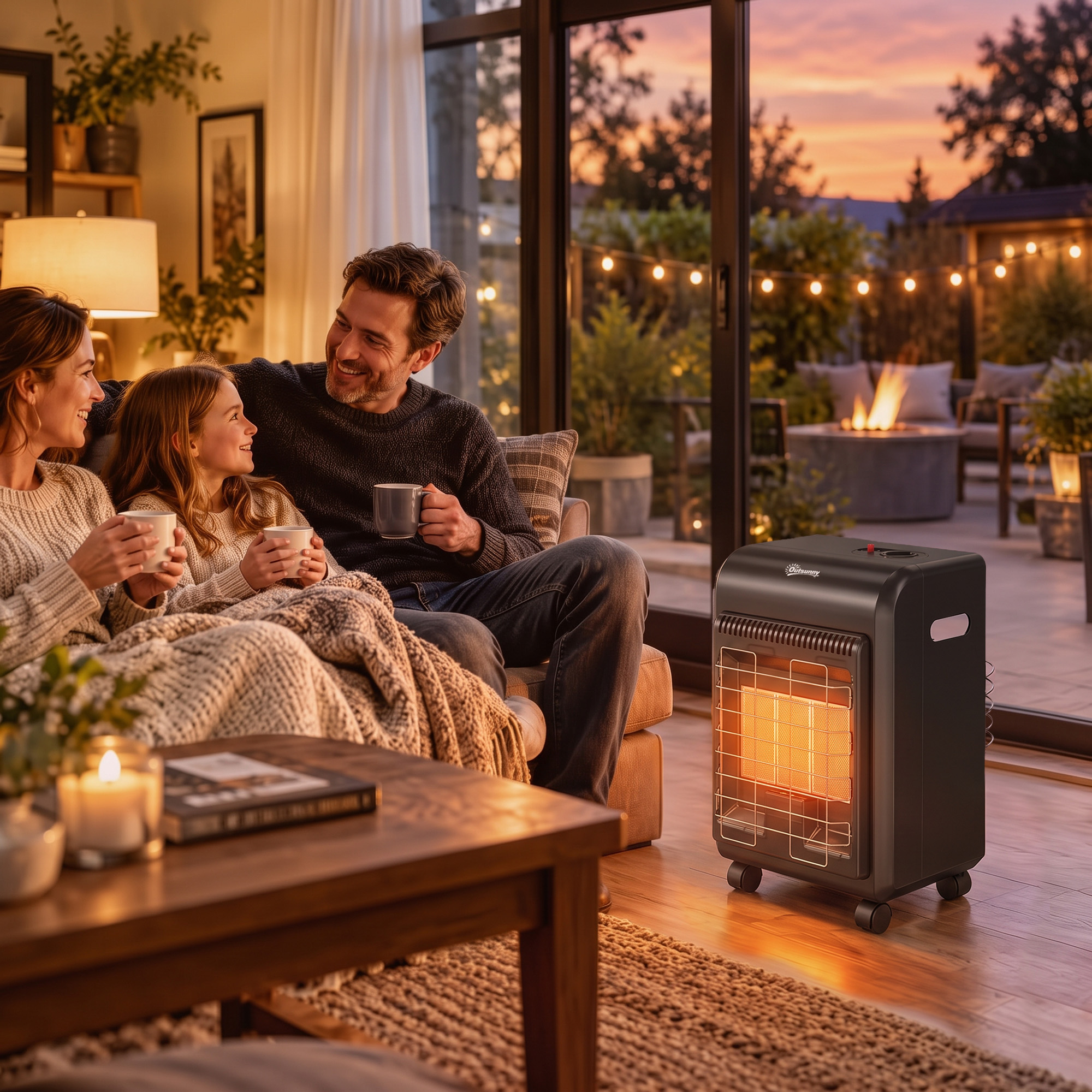 Gas Heizstrahler Outdoor 1,5-4,2 kW Terrassenheizer mit Rollen 3 Leistungsstufen 50 cm Schlauch Druckregler