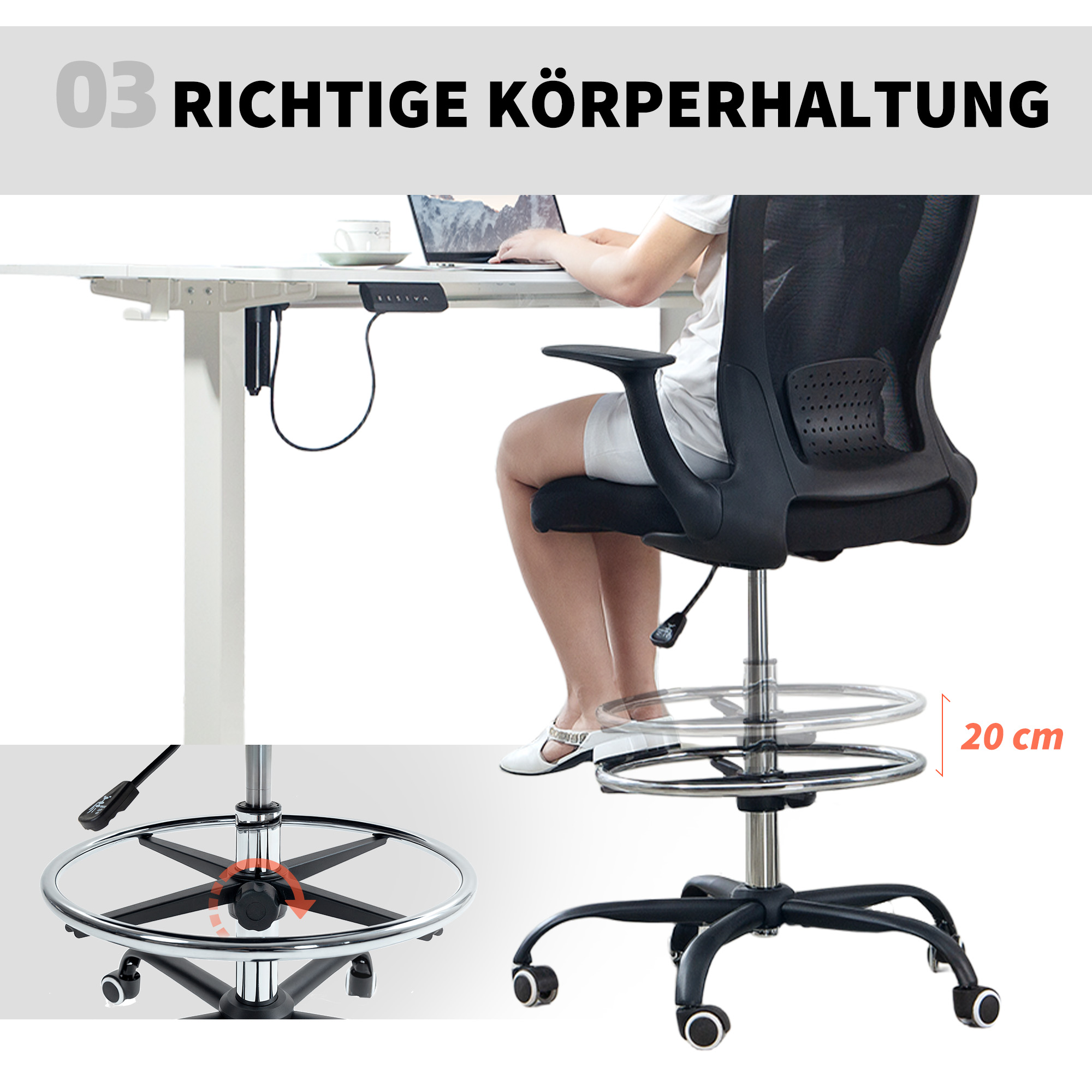 Bürostuhl höhenverstellbar Schreibtischstuhl mit verstellbarer Fußring, Lendenwirbelstütze, 62 x 59 x 119 cm, Schwarz