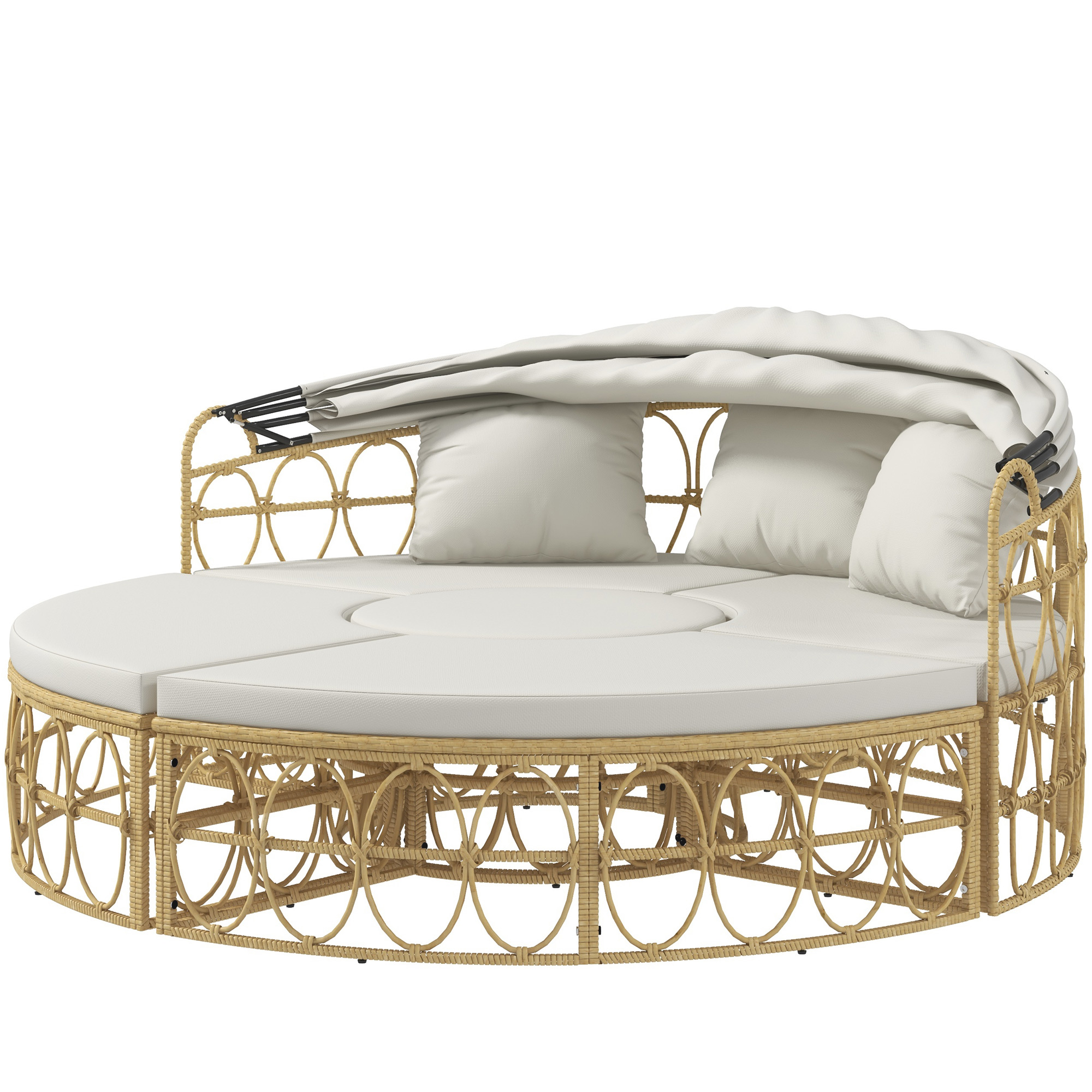 Sonneninsel, 4-teilig, ausziehbares Dach, 5 Kissen, Rattanoptik, 178B x 85T x 66,5H cm, Beige