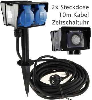 Gartensteckdose mit Erdspieß, 2-fach, IP44, 10m Kabel, Zeitschaltuhr