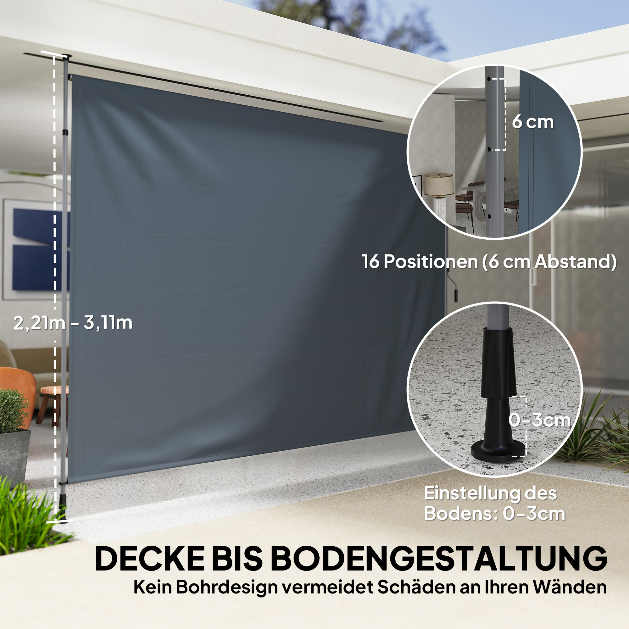 Klemmmarkise mit Handkurbel höhenverstellbar Gelenkarmmarkise Markise ohne Bohren 350 cm breit Dunkelgrau