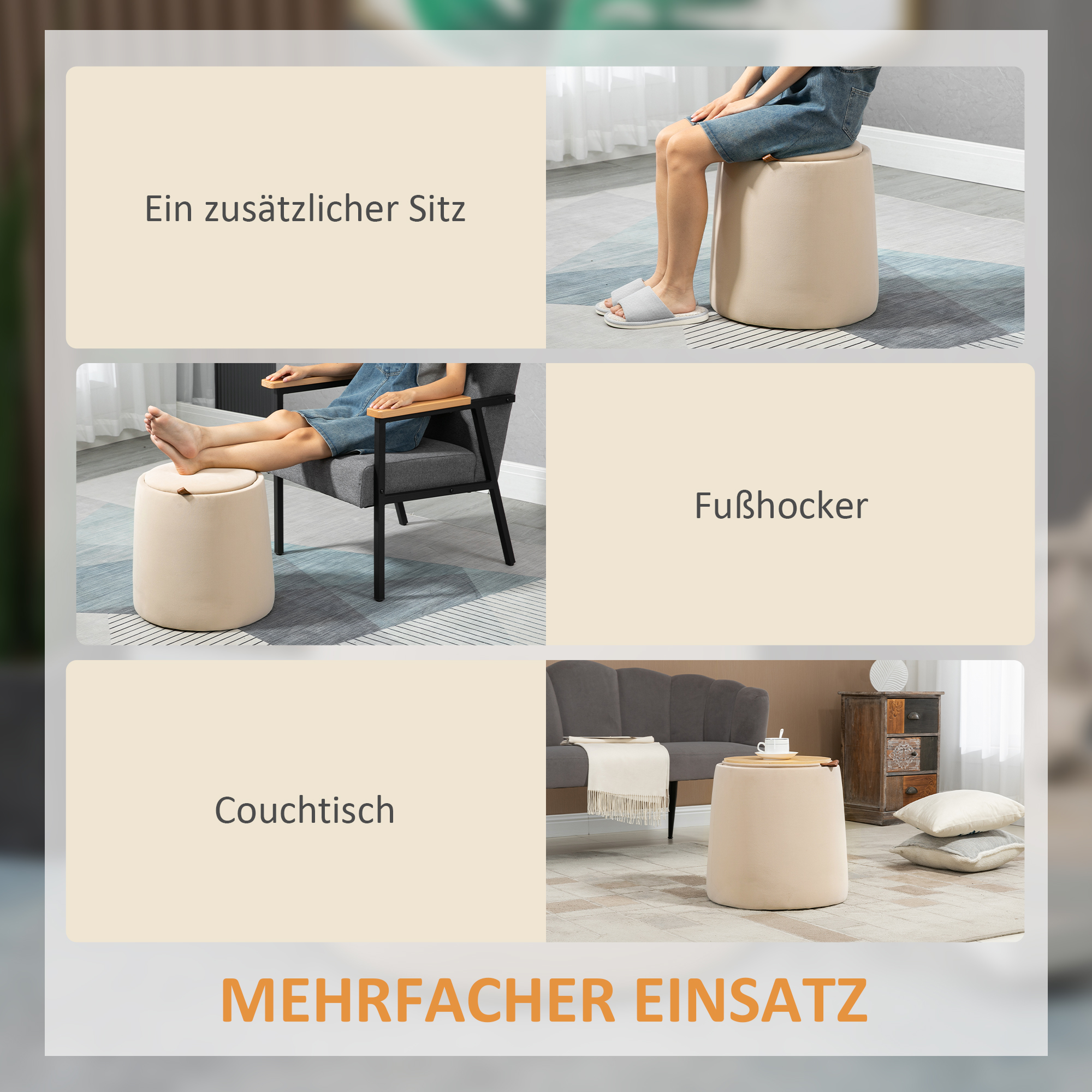 2-in-1 Hocker in Samtoptik inklusive Stauraum und abnehmbaren Deckel ?44 cm x 47,5 cm Beige
