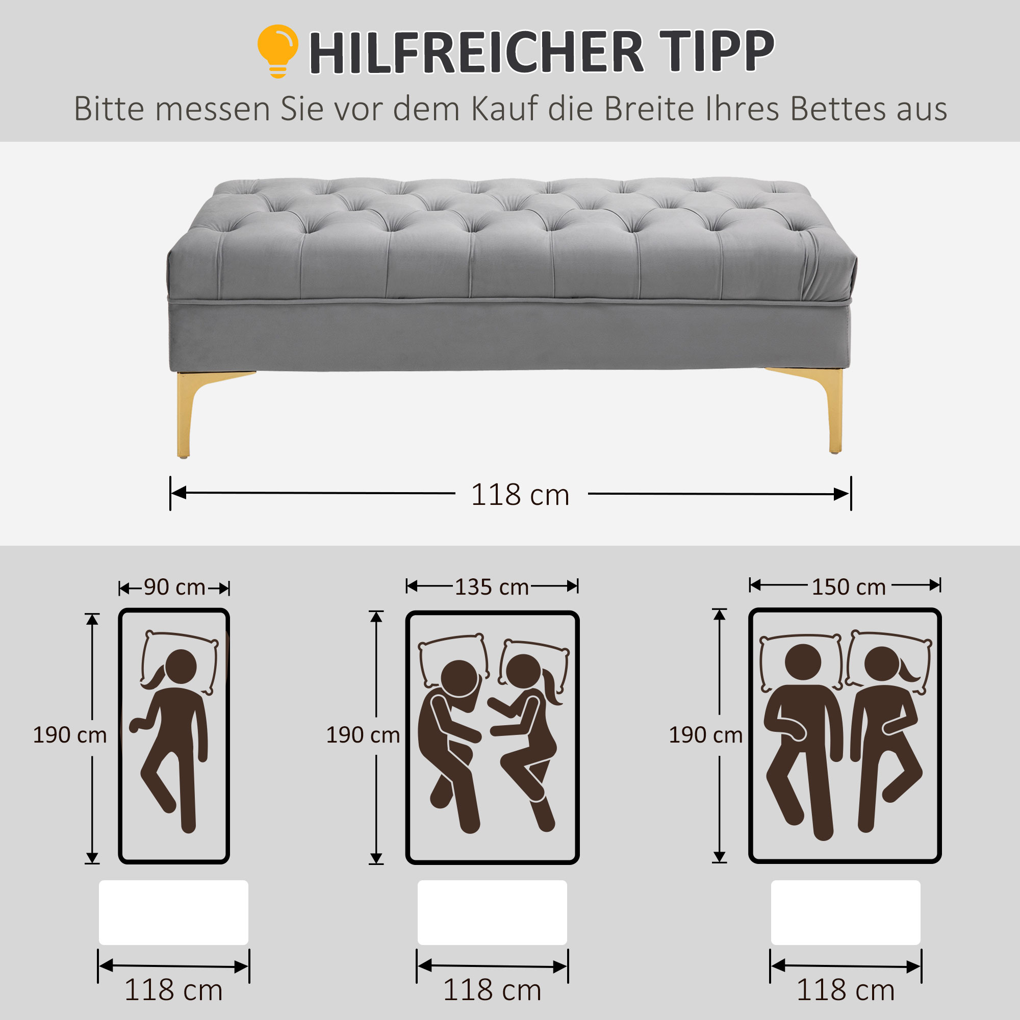 Sitzbank Bettbank Schuhbank mit erhöhten Beine Schlafzimmer Samt Hellgrau