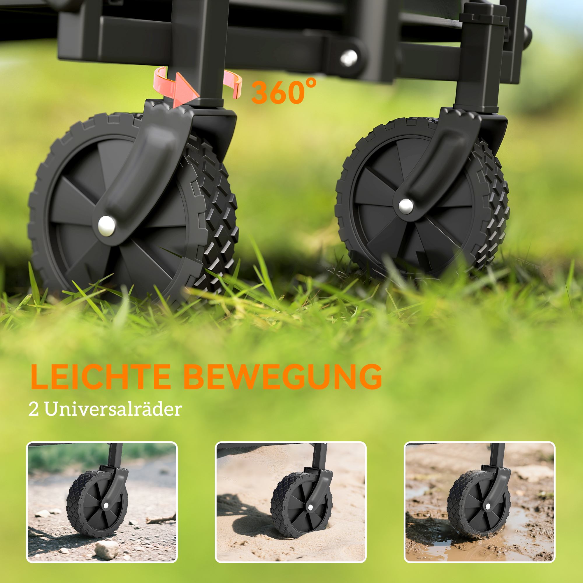 Bollerwagen faltbar Handwagen 360° Gartenwagen mit verstellbarem Griff Strandwagen bis 60 kg für Sport Einkauf Schwarz
