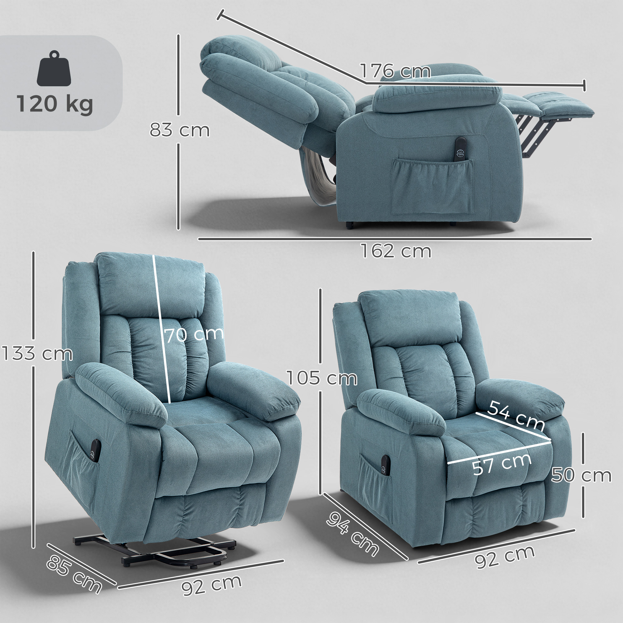 Aufstehsessel mit weichem Bezug, Recliner-Sessel mit Fernbedienung und Seitentaschen, Blau