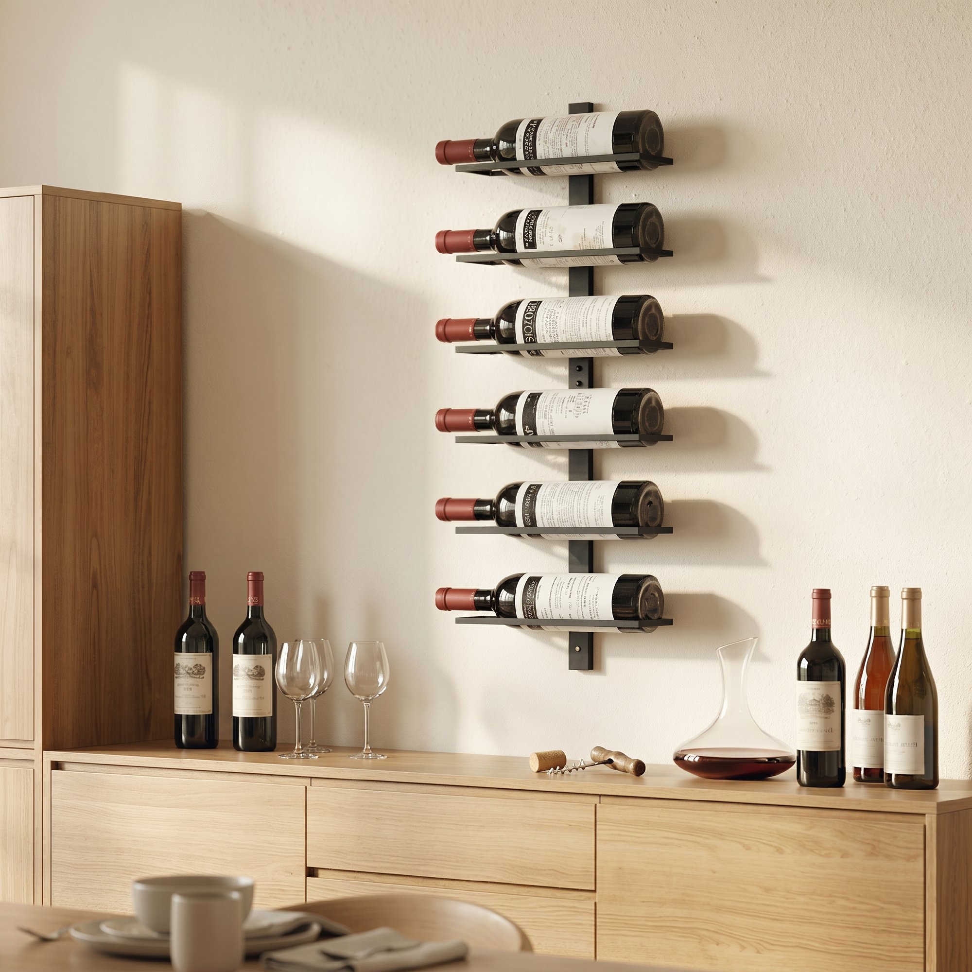 Weinregal, Wandregal für 6 Flaschen Wein, 6 Ebenen, Stahlrohr, für Küche, Wohnzimmer, Hausbar, Schwarz