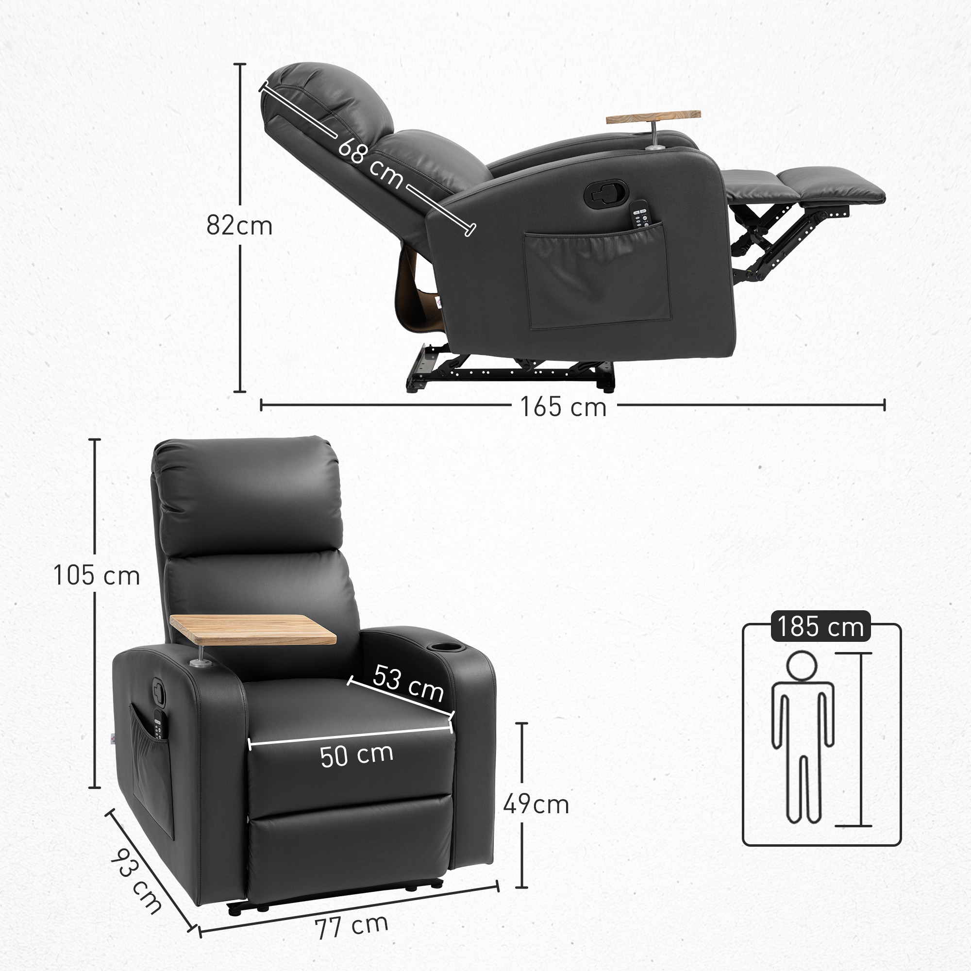 Massagesessel Relaxsessel Liegesessel, 1 Klapptisch, 1 Fußstütze; 77 cm x 93 cm x 105 cm, Schwarz