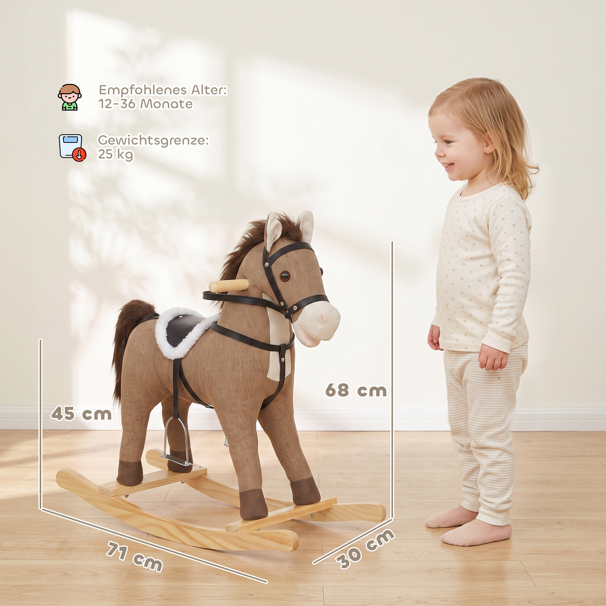 Schaukelpferd mit Sound und Sicherheitsgriffen, Reitpferd mit Holzgestell für Kleinkinder von 12–36 Monaten, Dunkelbraun