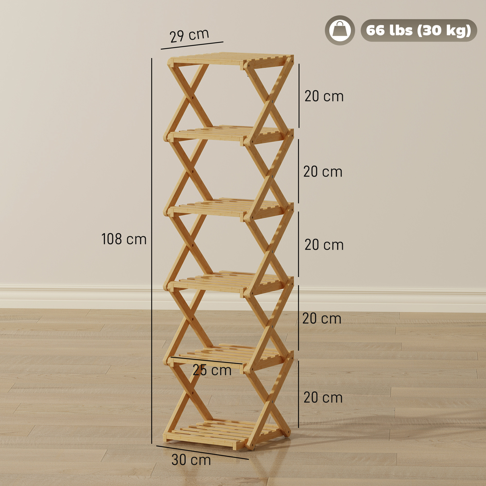 Schuhregal, klappbar Schuhständer mit 6 Ebenen aus Bambus, für max. 9 Paar Schuhe, 30 x 29 x 108 cm, Natur