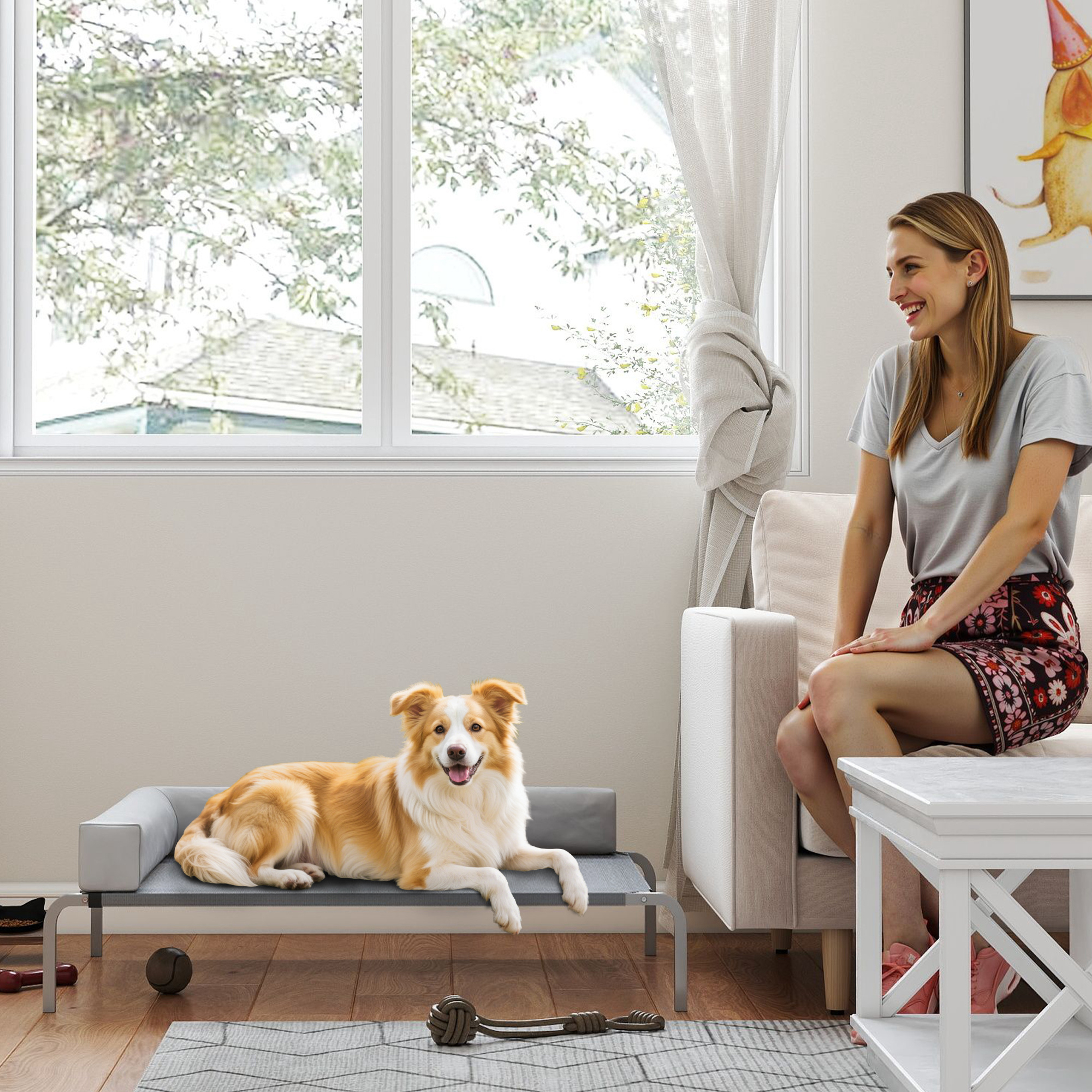 Hundeliege Outdoor, erhöhtes Hundebett für Mittelgroße Hunde, mit L-förmige Kissen 110x75x30cm, Hellgrau