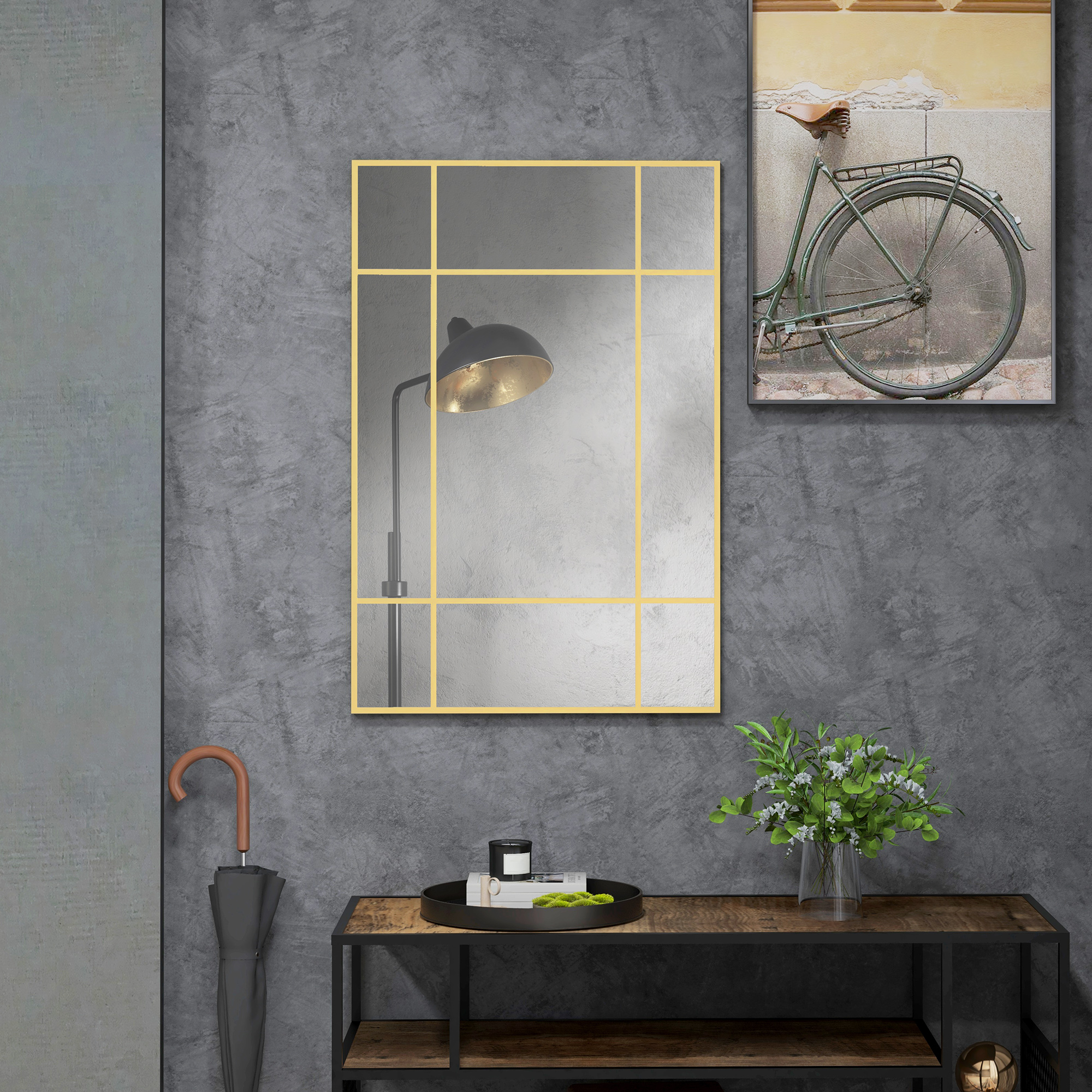 Wandspiegel, dekorativer Spiegel mit Metallrahmen, goldfarbene Streifen, Mehrschichtglas, 90B x 2T x 60H cm