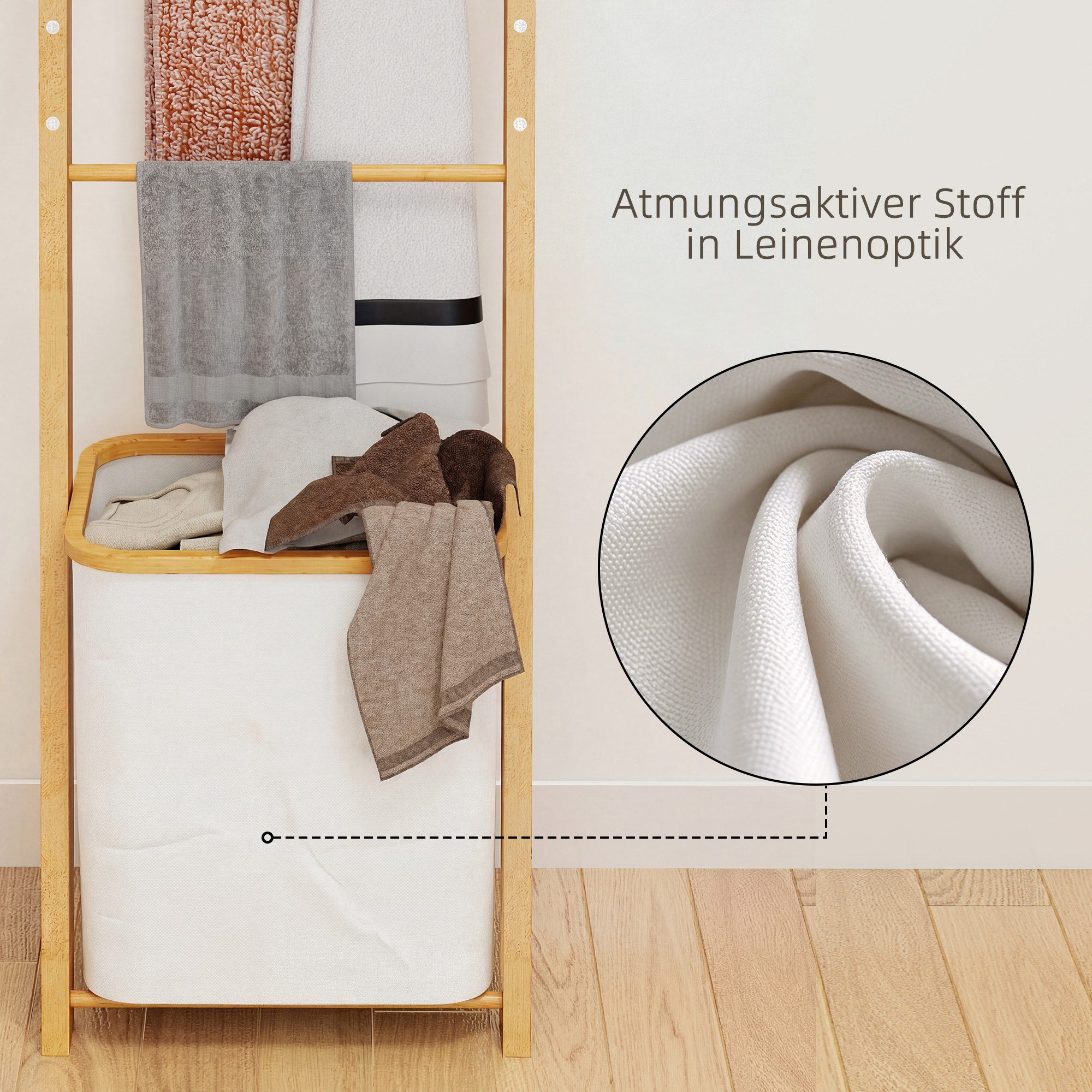 Badregal, 2-in-1 Badezimmerregal mit 3 Stangen, abnehmbarer 48L-Wäschekorb, Bambus, 43 x 35 x 133 cm, Cremeweiß