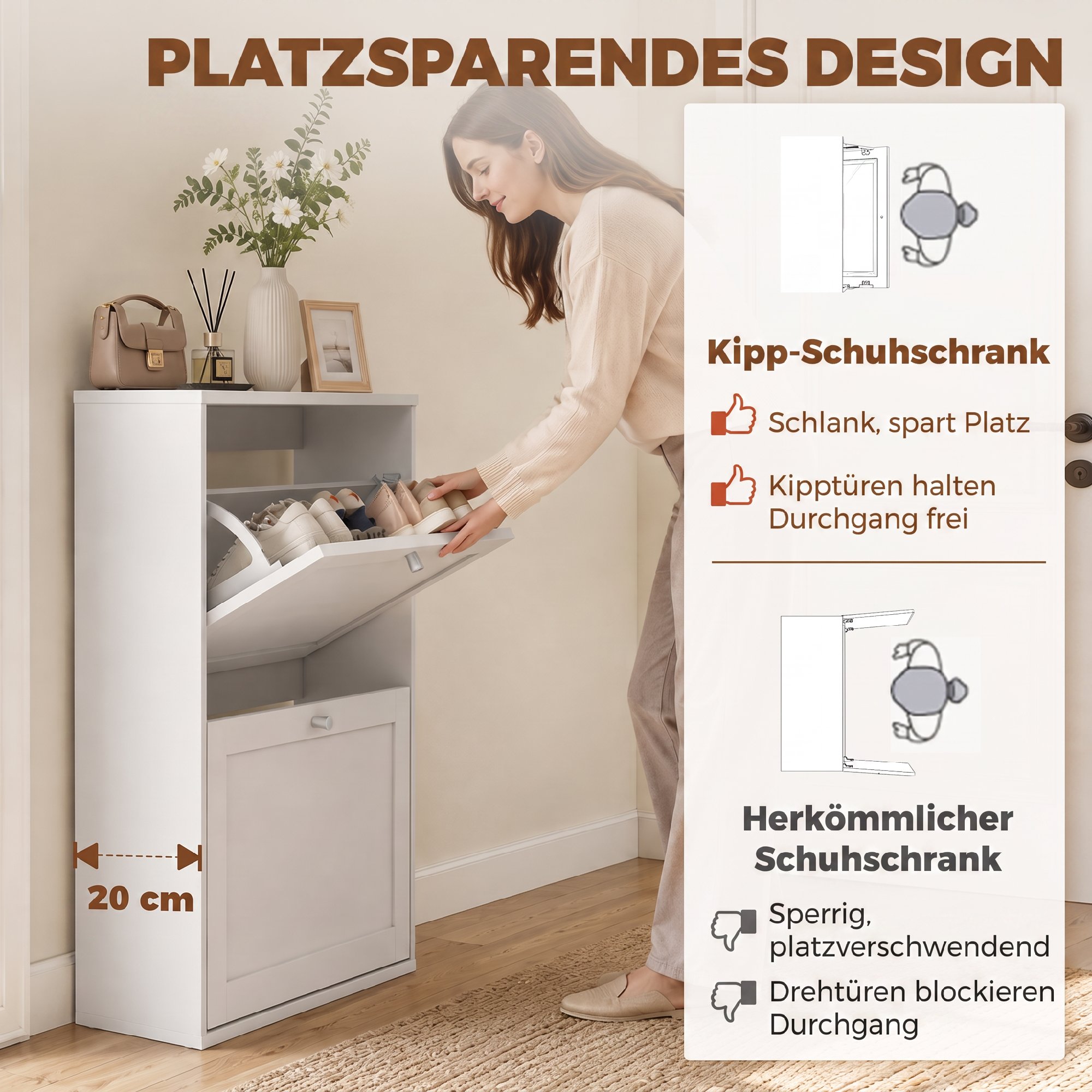Schuhschrank mit 2 Klappfächern, verstellbaren Einlegeböden, für bis zu 8 Paar Schuhe, Weiß