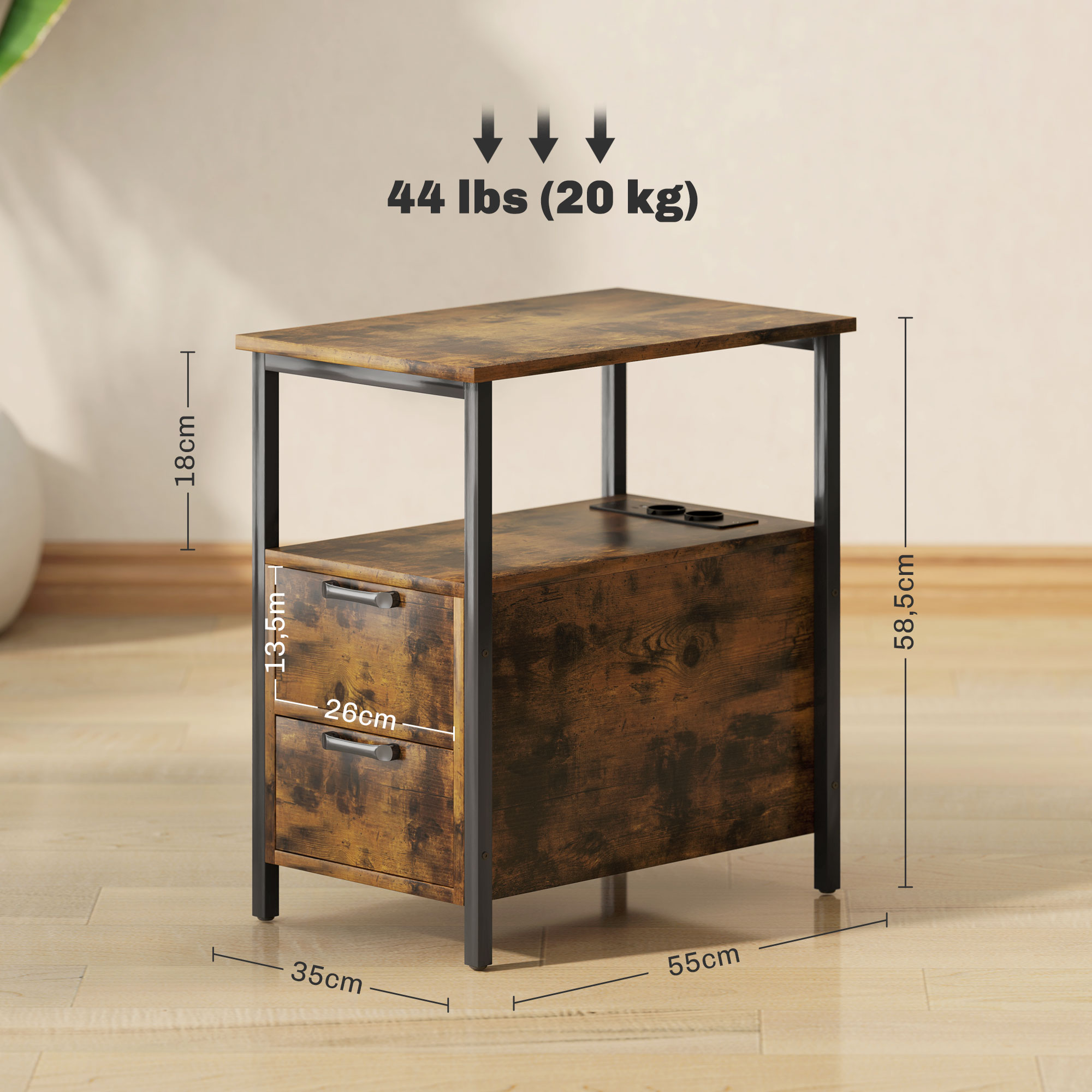 Beistelltisch mit Aufladestation, USB-Anschlüssen, Steckdosen, 2 Schubladen und Regal für Wohnzimmer, Schlafzimmer