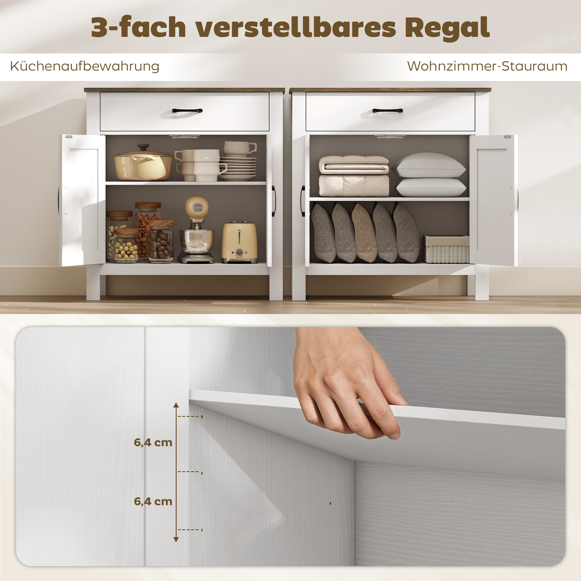 Sideboard Buffet-Schrank, Bauernhaus-Küchenschrank mit Schiebetüren und verstellbarem Regal, Weiß