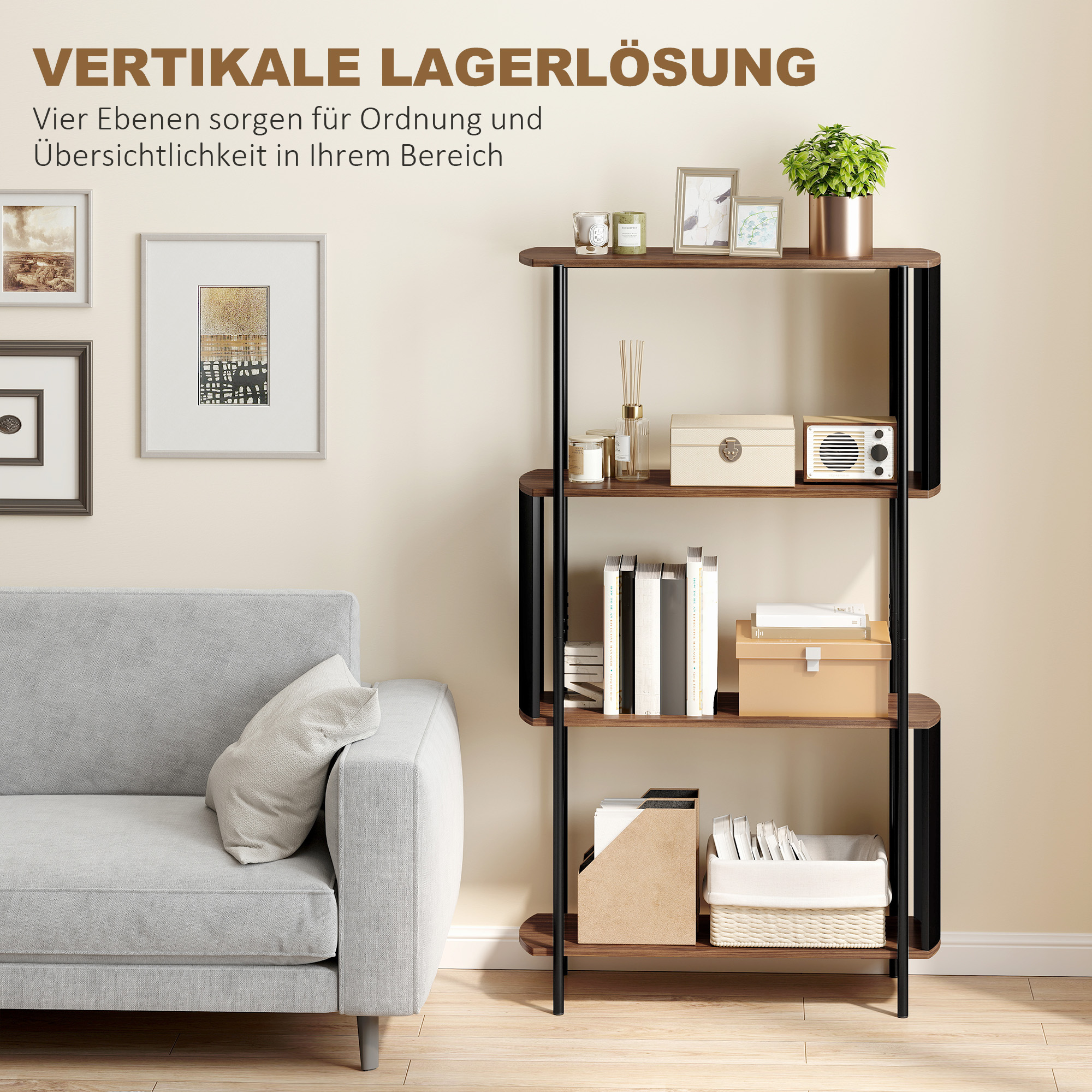 4-stufiges Regal, freistehendes Regal mit geschwungenem Design, industrielles Bücherregal, braune Holzoptik