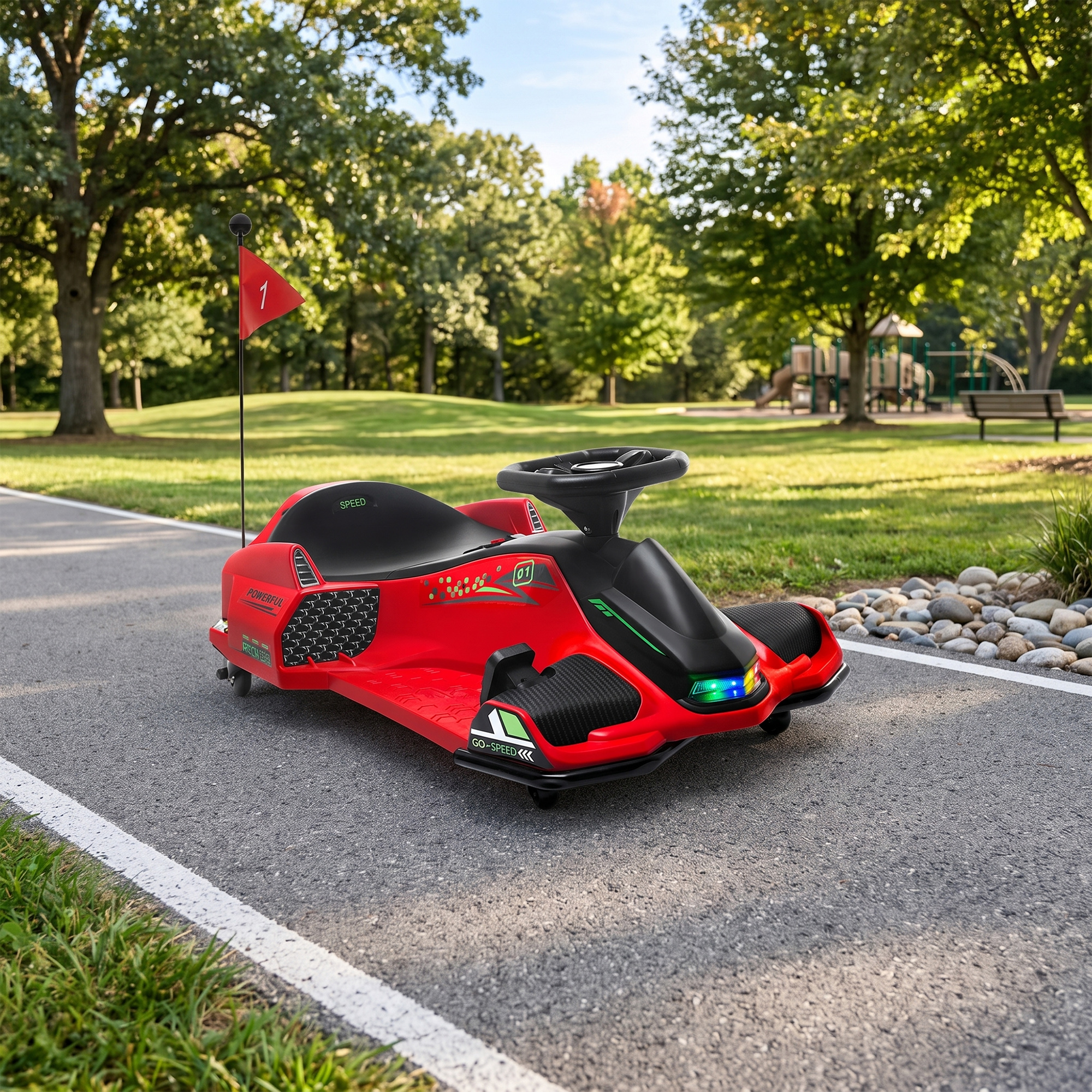 elektrisches Go-Kart für Kinder, Gummiräder, 3-8 km/h, mit Lichtern und Musikfunktion, Rot
