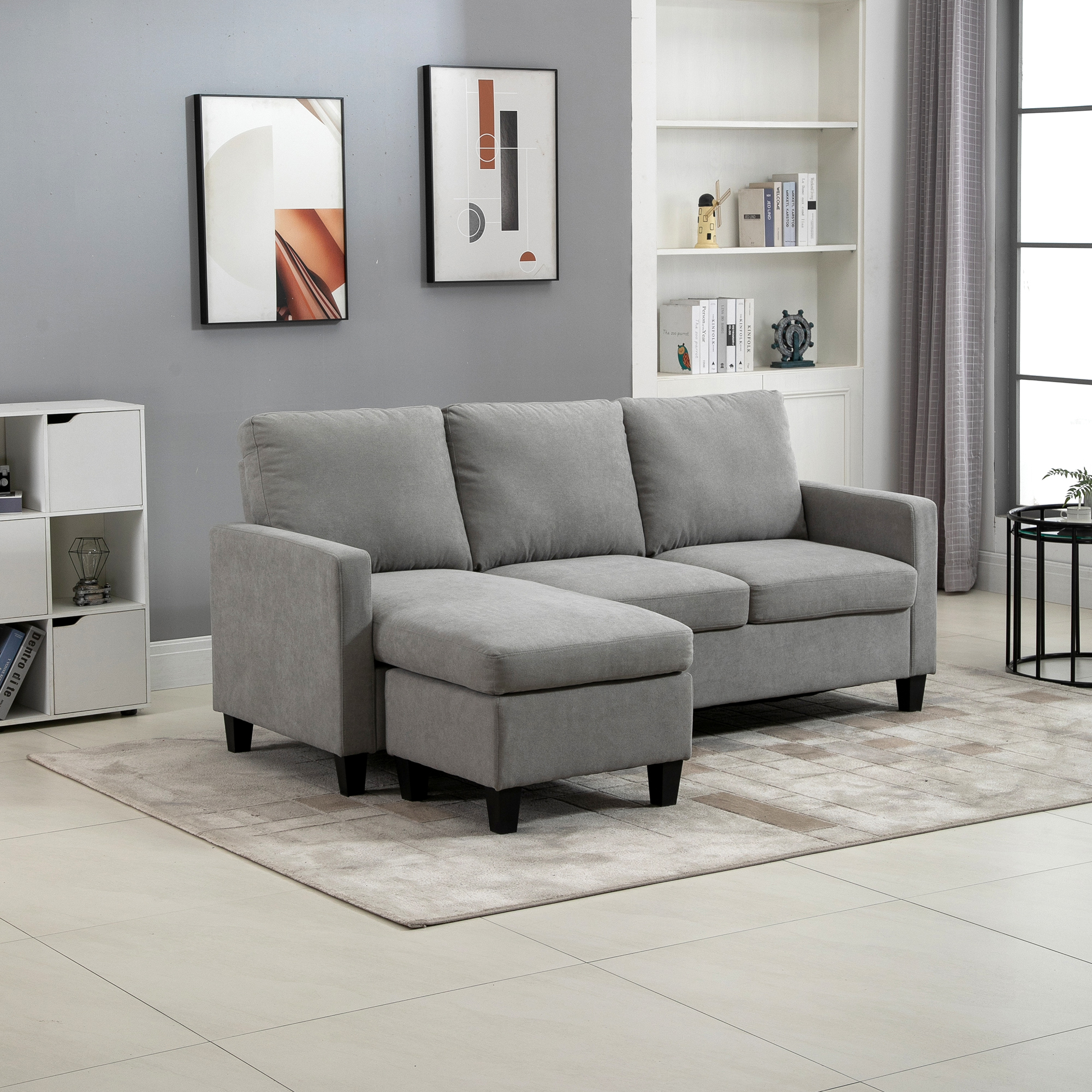 Ecksofa mit Schlaffunktion, 3-Sitzer-Sofa mit Bettkasten und Kissen, Eckcouch, L-Form Couch, Stoffbezug, Grau