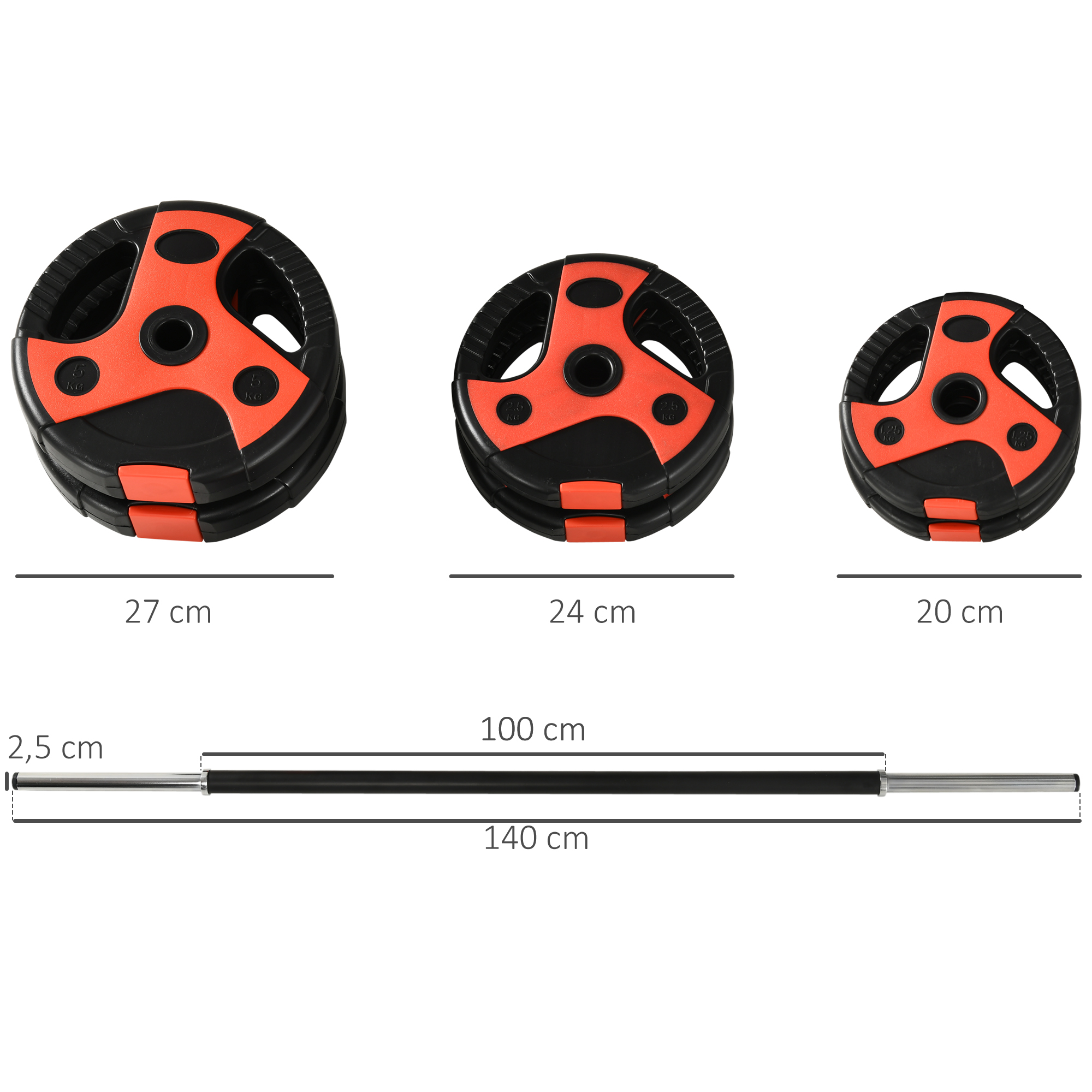 Langhantel-Set 20 kg, inkl. 6 Hantelscheiben, 2 x 5kg, 2 x 2,5kg, 2 x 1,25kg, rutschfeste Stange, schwarz+rot