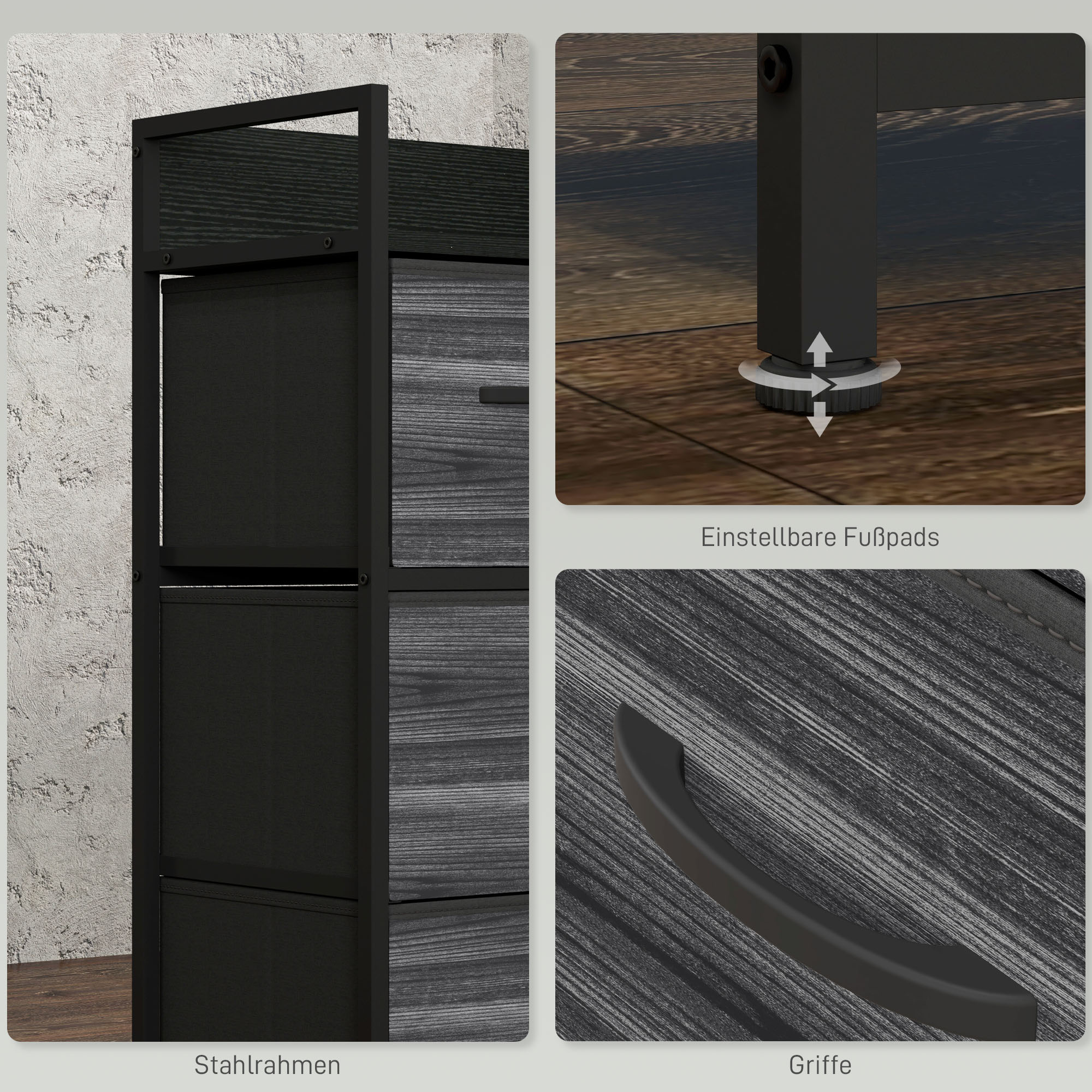 Kommode, Sideboard, 4 Stoffschubladen, Industrial Design, 60x29x85cm, Schwarz