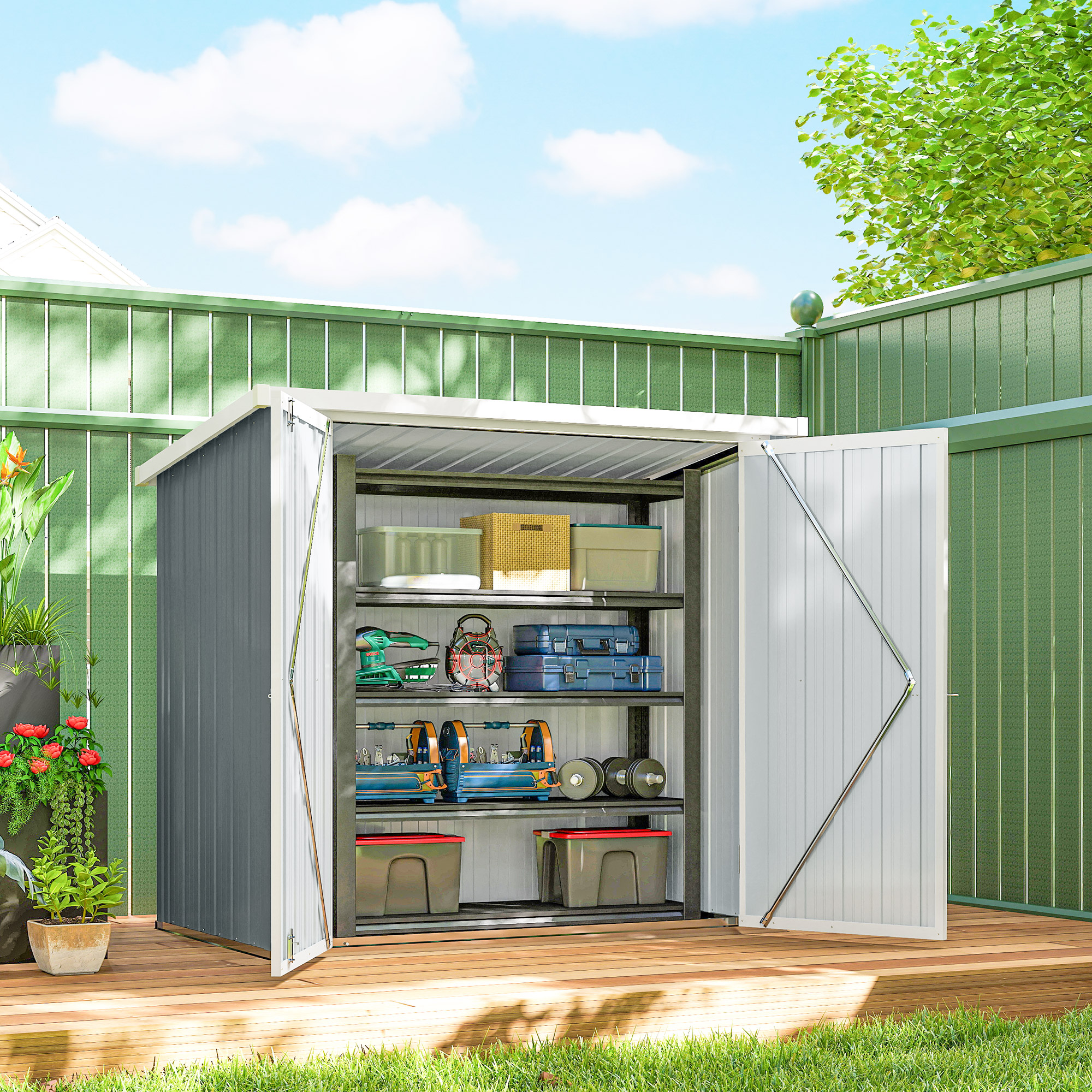 Metall Gerätehaus 1,1 m², Geräteschuppen mit Pultdach Abschließbarer Doppeltüren, 147 x 86 x 134 cm