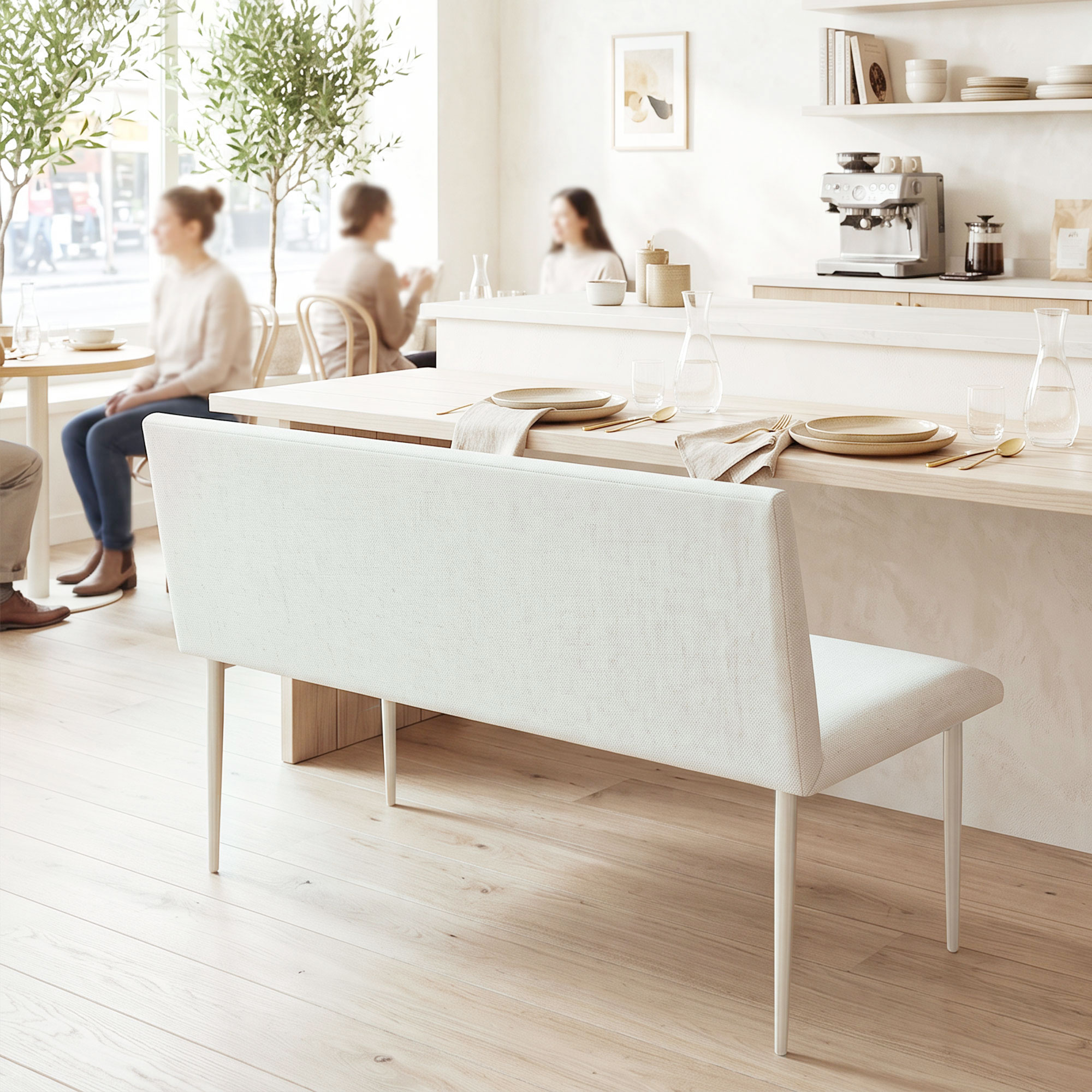 Esszimmerstuhl ohne Armlehnen, Stoff in Leinenoptik, Küchenstuhl mit Rückenlehne und Metallbeinen, für Wohnzimmer, Creme