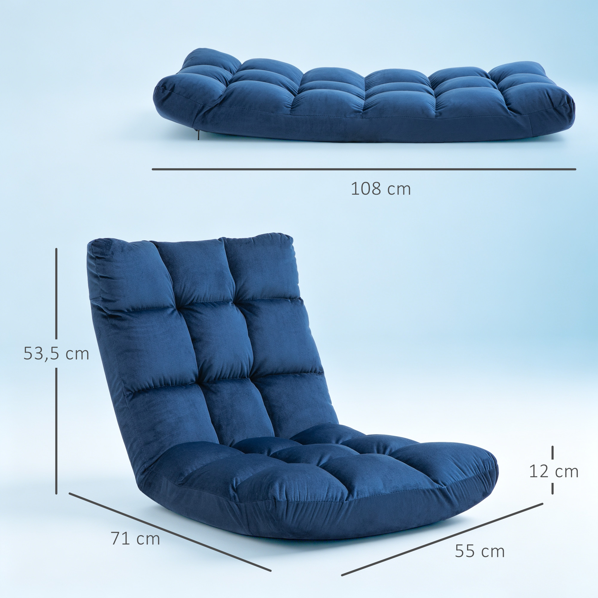 Sessel Gästematratze Bodensessel, verstellbare Rückenlehne, Velouroptik, 55 cm x 71 cm x 53,5 cm, Blau