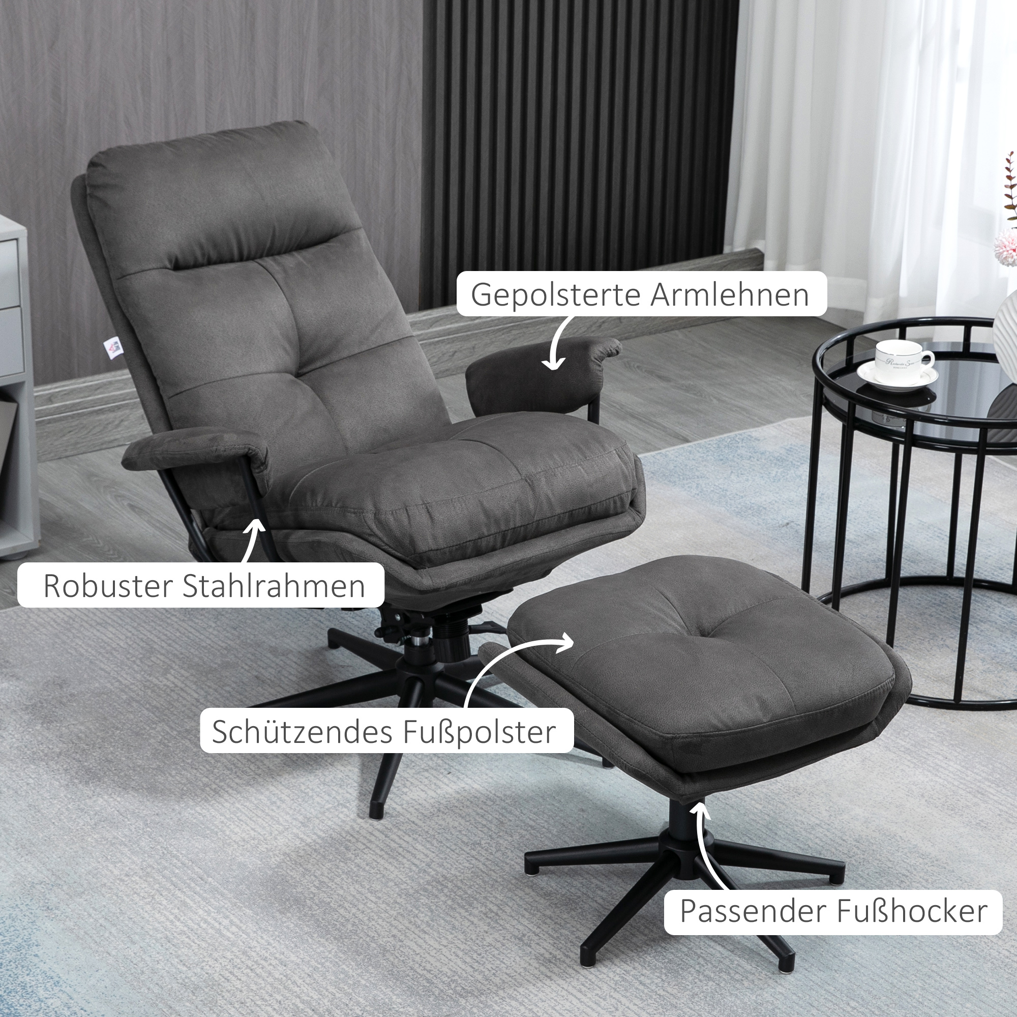 Relaxsessel mit Ottomane, Sessel mit Fußhocker, verstellbare Rückenlehne; Mikrofaser, Dunkelgrau