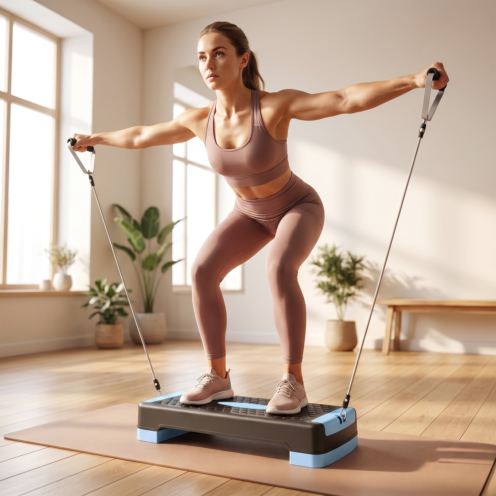 Steppbrett höhenverstellbar Fitness Aerobic Stepper mit 2 Stufen (11/16 cm) 2 Widerstandsbändern, Anti-Rutsch-Matte Blau