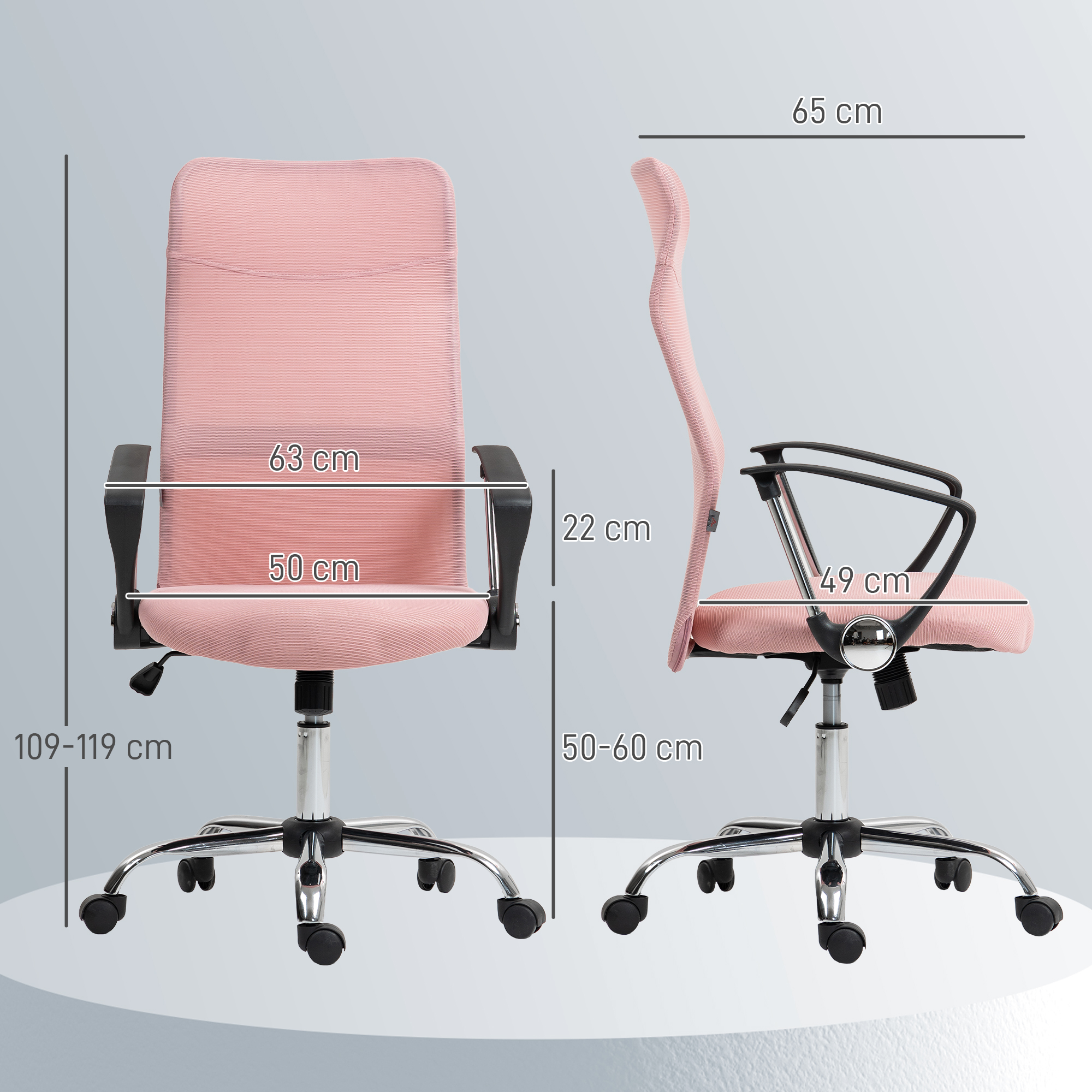 ergonomischer Bürostuhl, höhenverstellbarer Drehstuhl mit Wippfunktion, Netzbespannung, 63 x 65 x 109-119 cm Rosa