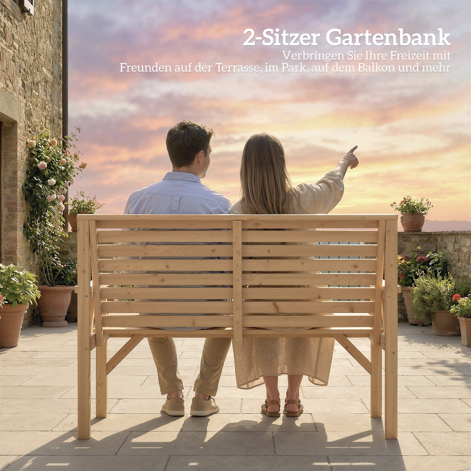 2-Sitzer Gartenbank aus Holz, Lattenbank mit Arm- und Rückenlehne, Outdoor-Möbel für Balkon, Terrasse, Garten