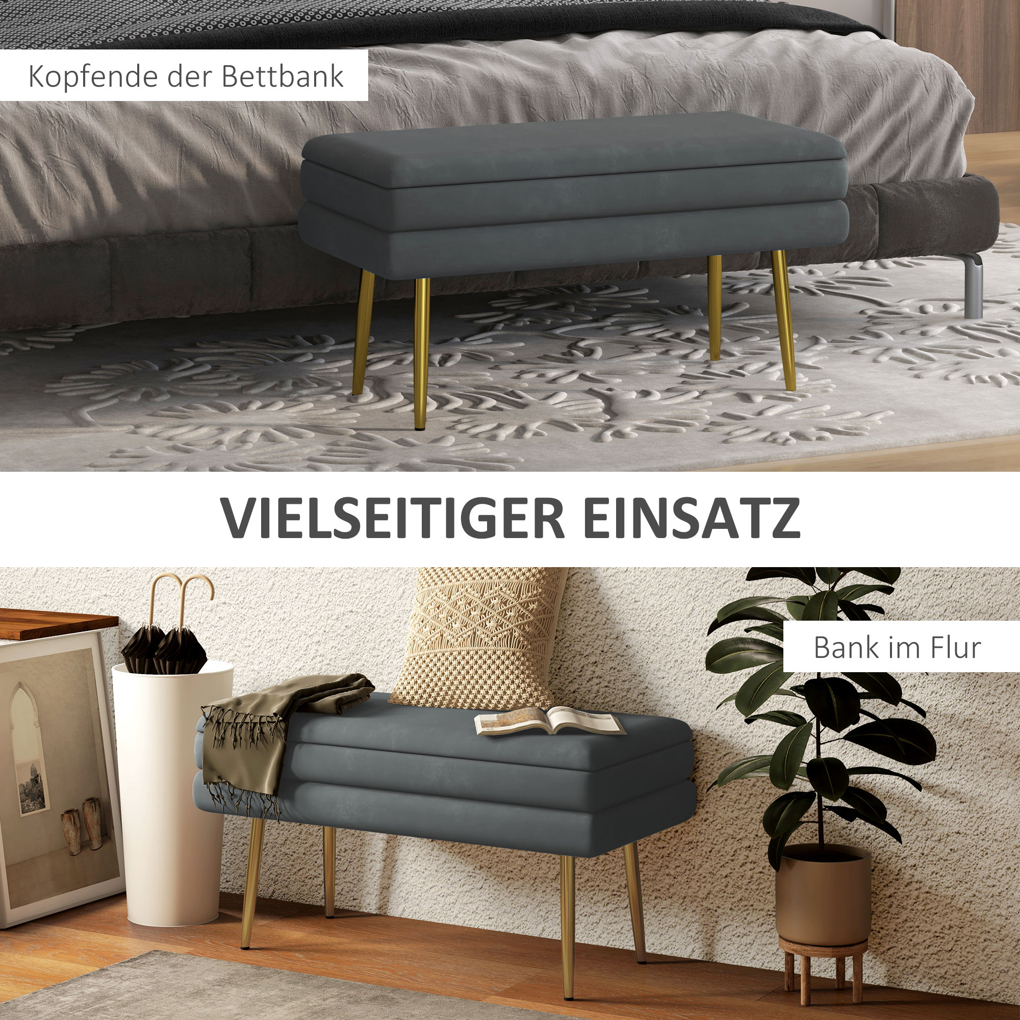 Sitzbank Polsterbank, mit Stauraum, Stahl, 79,5 cm x 37,5 cm x 43 cm, Dunkelgrau