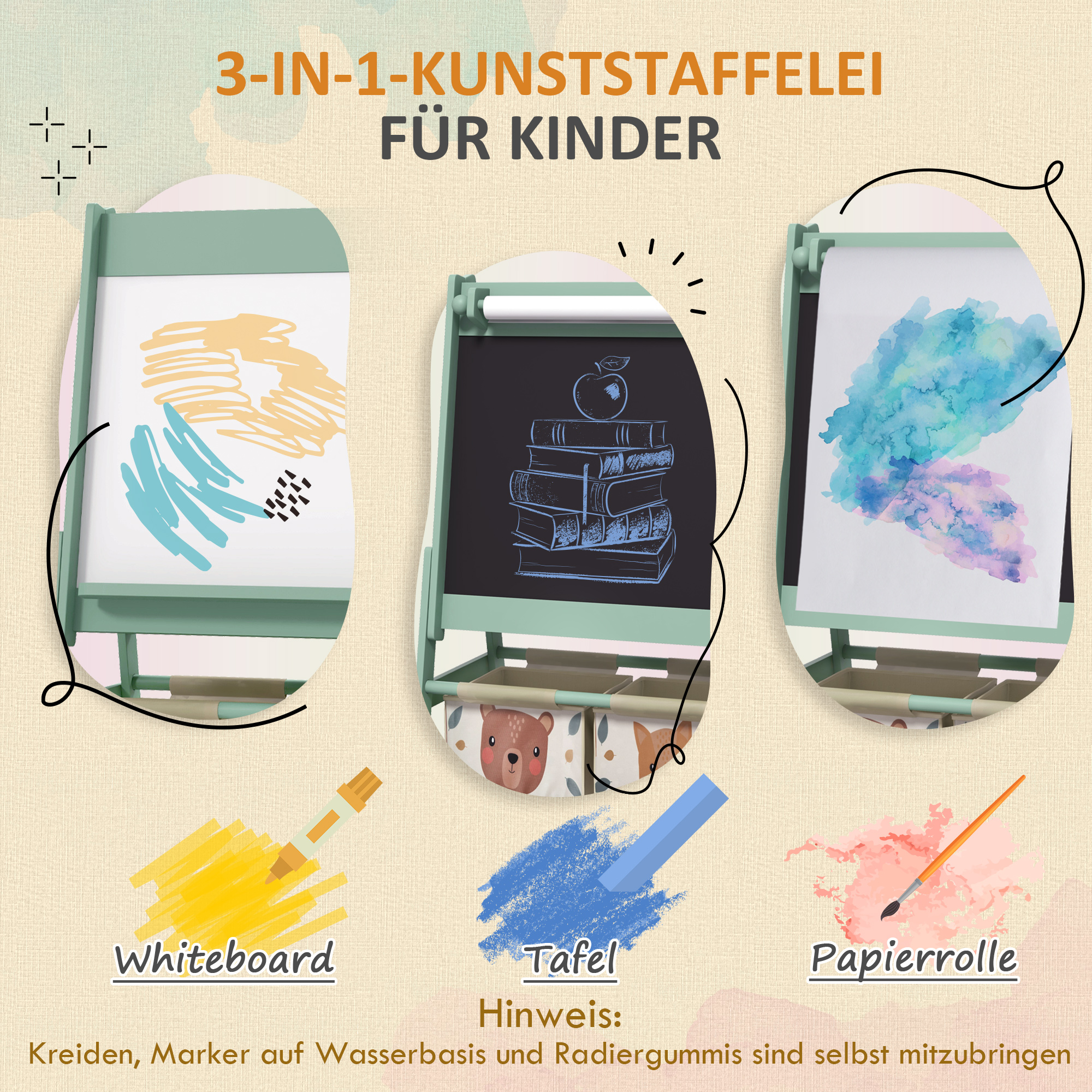 3-in-1 Kinder Staffelei mit Papierrolle, Kreidetafel, Whiteboard, Aufbewahrungskörbe, 54 x 46,5 x 93 cm, grün
