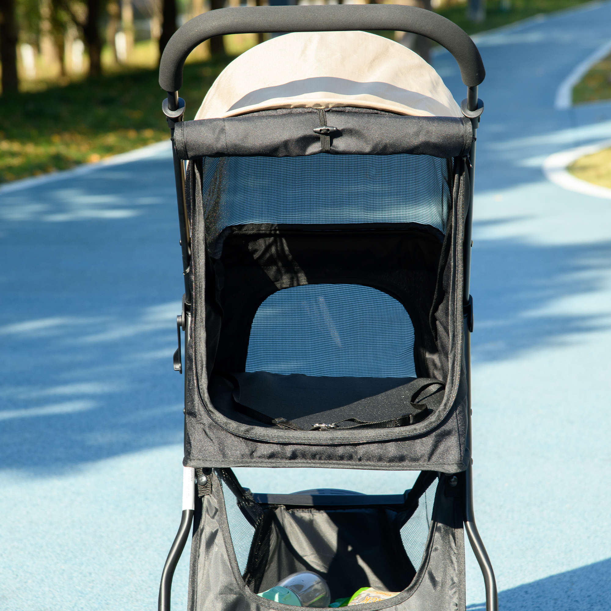 Haustierbuggy Hundebuggy, klappbar, mit Regenschutz, 2 Getränkehalter, Blau +  Khaki