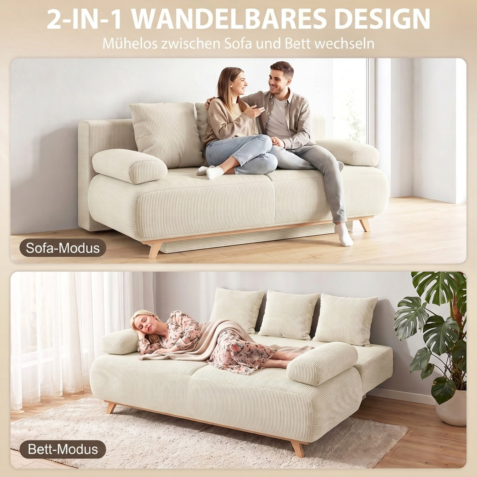 Schlafsofa mit verstellbarer Rückenlehne, Bettfunktion, verstecktem Stauraum und Cordbezug, Beige