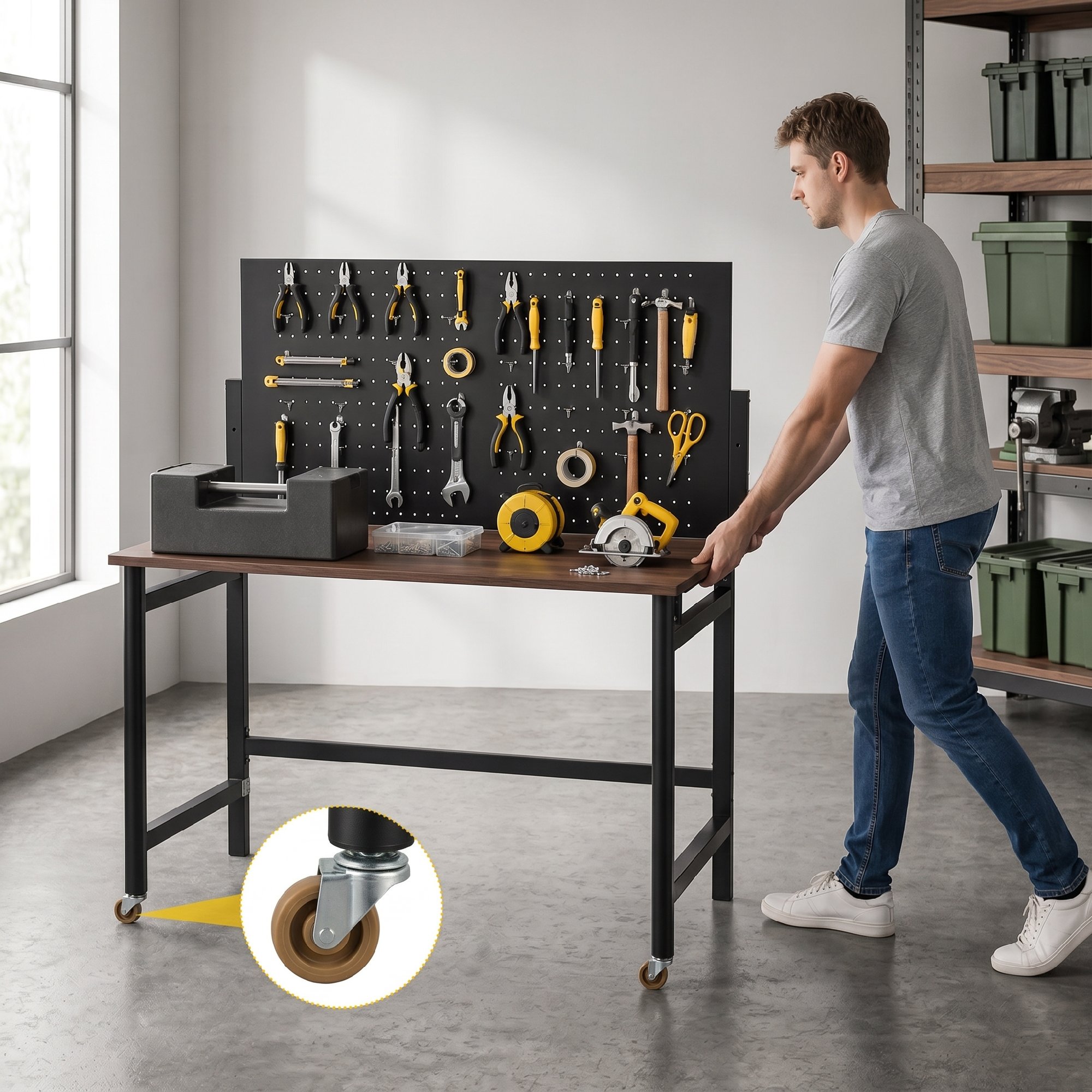 Werkbank mit Lochwand, Klappbare Mobile Werkbank mit Rollen, Dicke Arbeitsplatte, Stahlrahmen, Haken, Schwarz