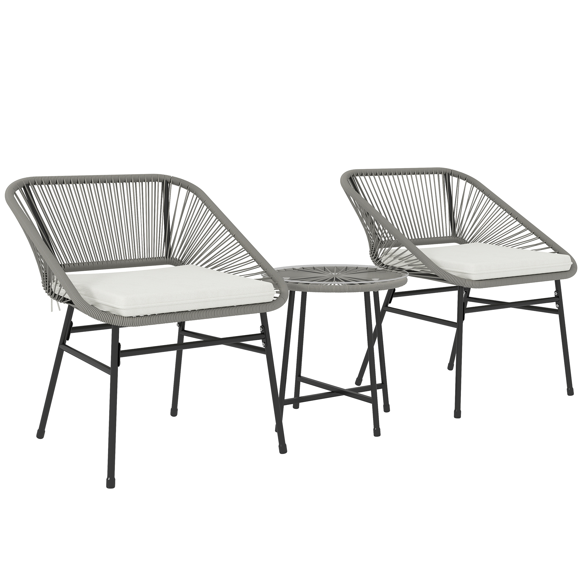 3-teiliges Outdoor-Möbelset, 1 Tisch, 2 Stühle, Rattan-Geflecht, Stahlrahmen, Kaffeetisch mit Glasplatte, Dunkelgrau 3-teiliges Outdoor-Möbelset, 1 Tisch, 2 Stühle, Rattan-Geflecht, Stahlrahmen, Kaffeetisch mit Glasplatte, Dunkelgrau