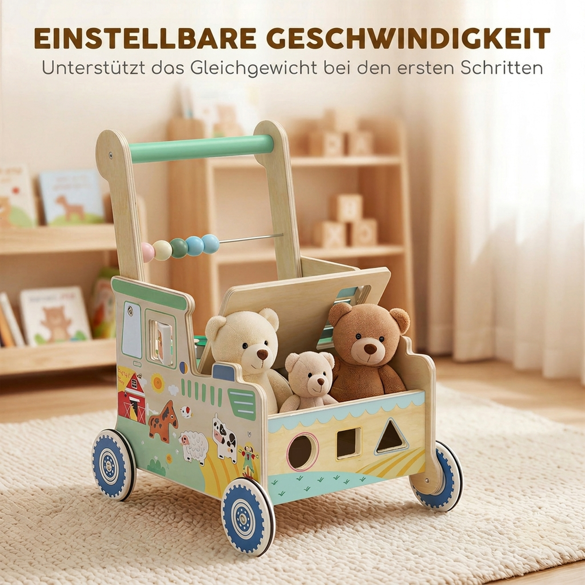 Baby Lauflernwagen Lauflernhilfe mit Rädern Bauklötze Stauraum Montessori Aktivitätszentrum für 1-3 Jahre Grün