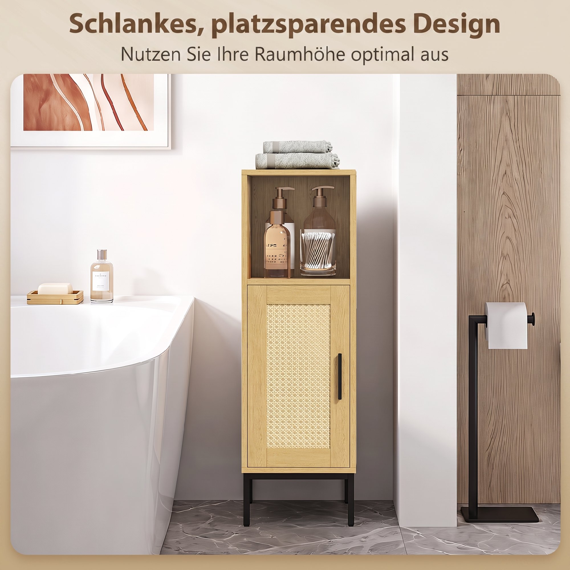 Badezimmerschrank, schmaler Badschrank freistehend mit verstellbarem Einlegeboden, Natur