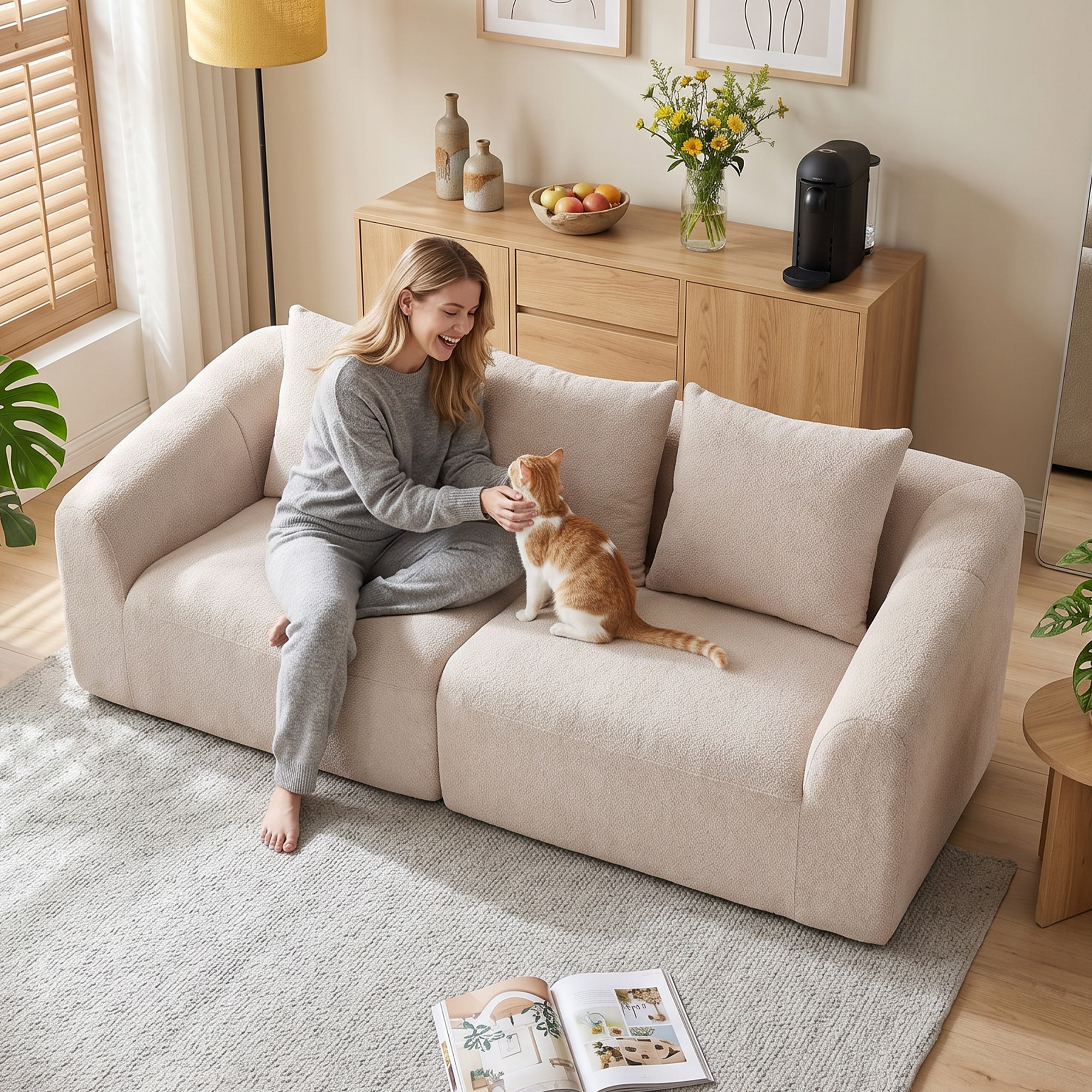3-Sitzer Sofa, Chenille Cloud Couch ohne Rahmen, dicke Federkernpolsterung, extra breite Sitzfläche, 3 Kissen, Beige