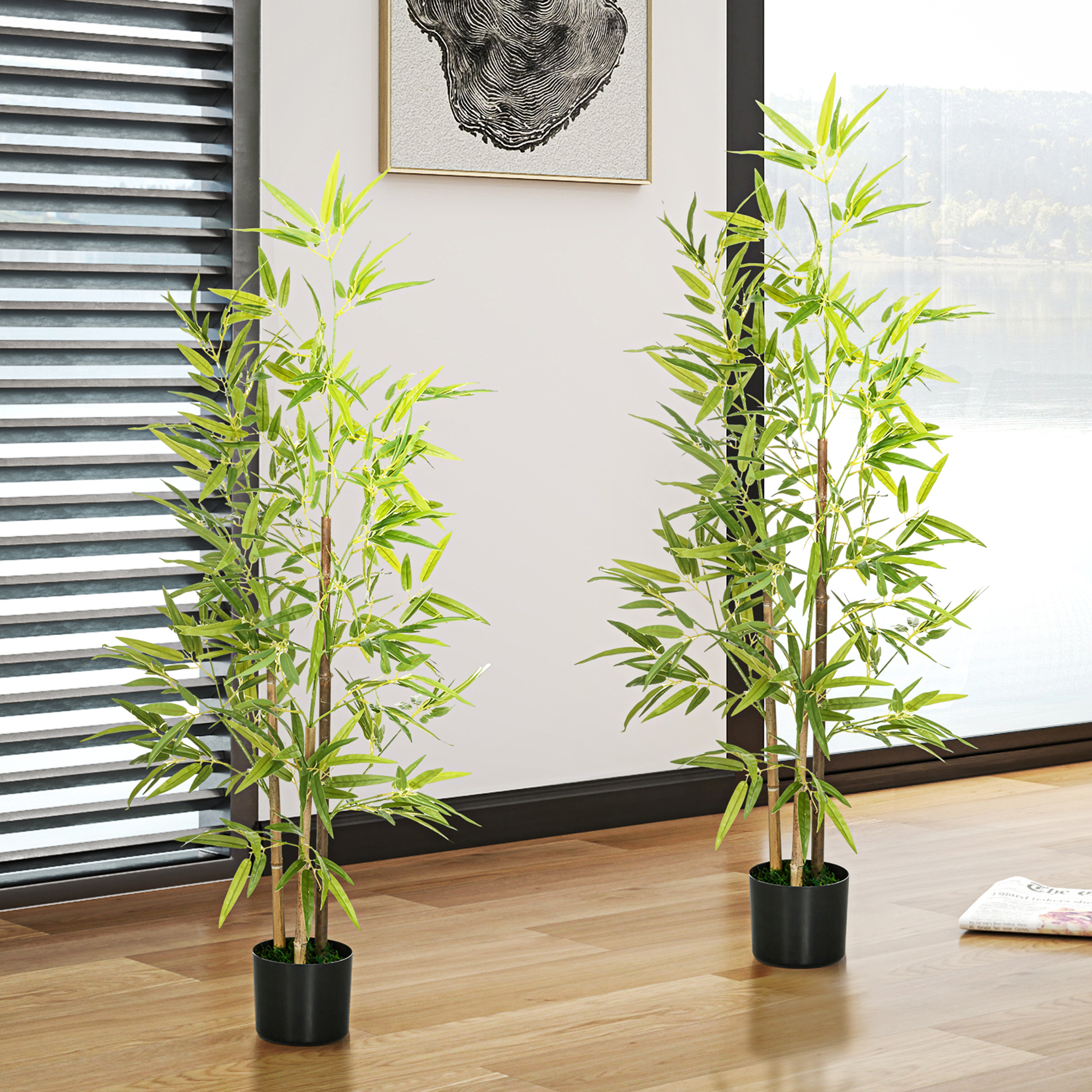 Bambus-Kunstbaum 2er-Set, 3 Stämme, pflegeleicht, 120 cm, Zementtopf, Grün